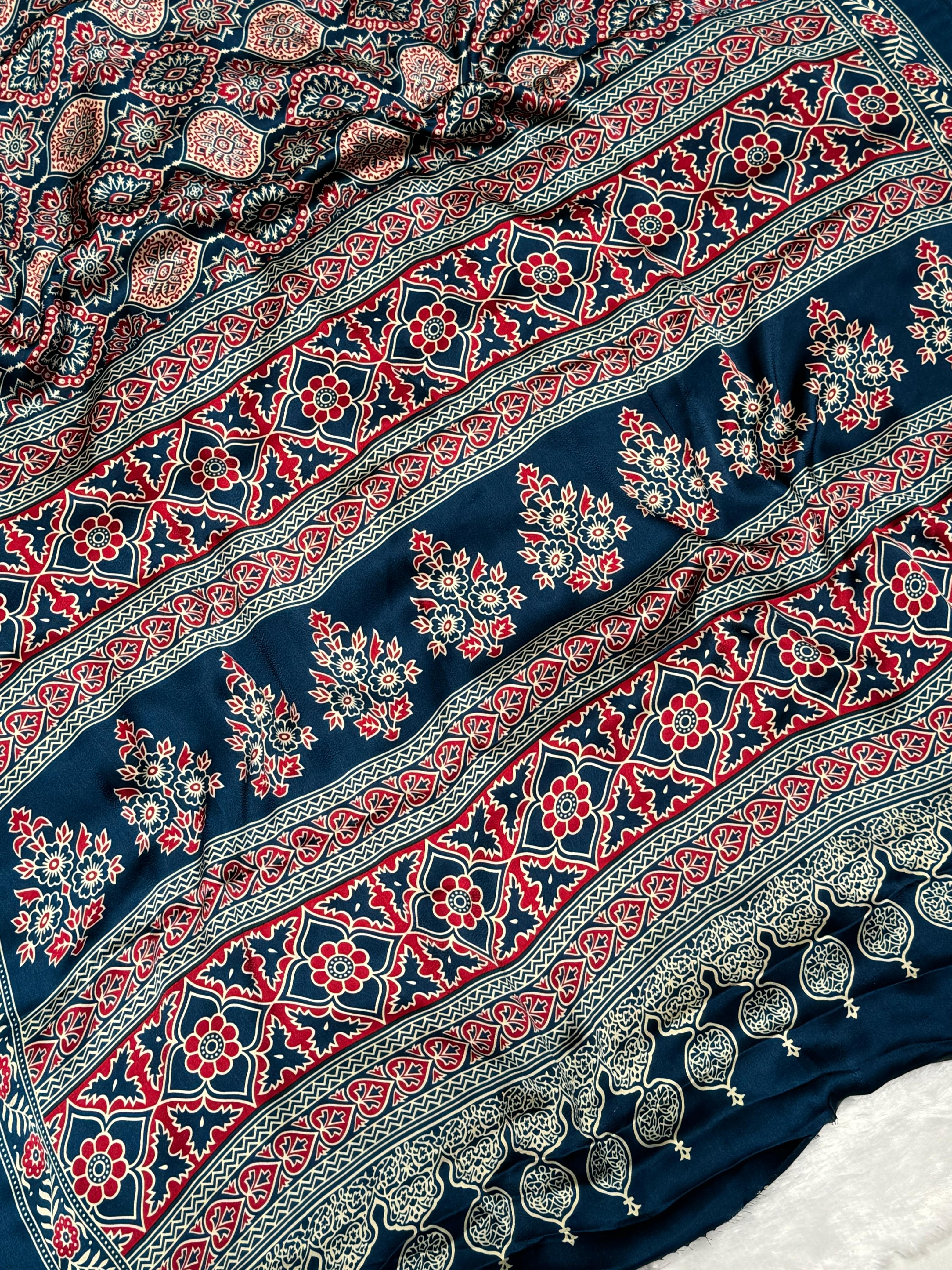 Akruti Indigo Modal Silk Ajrakh Natural Print Saree