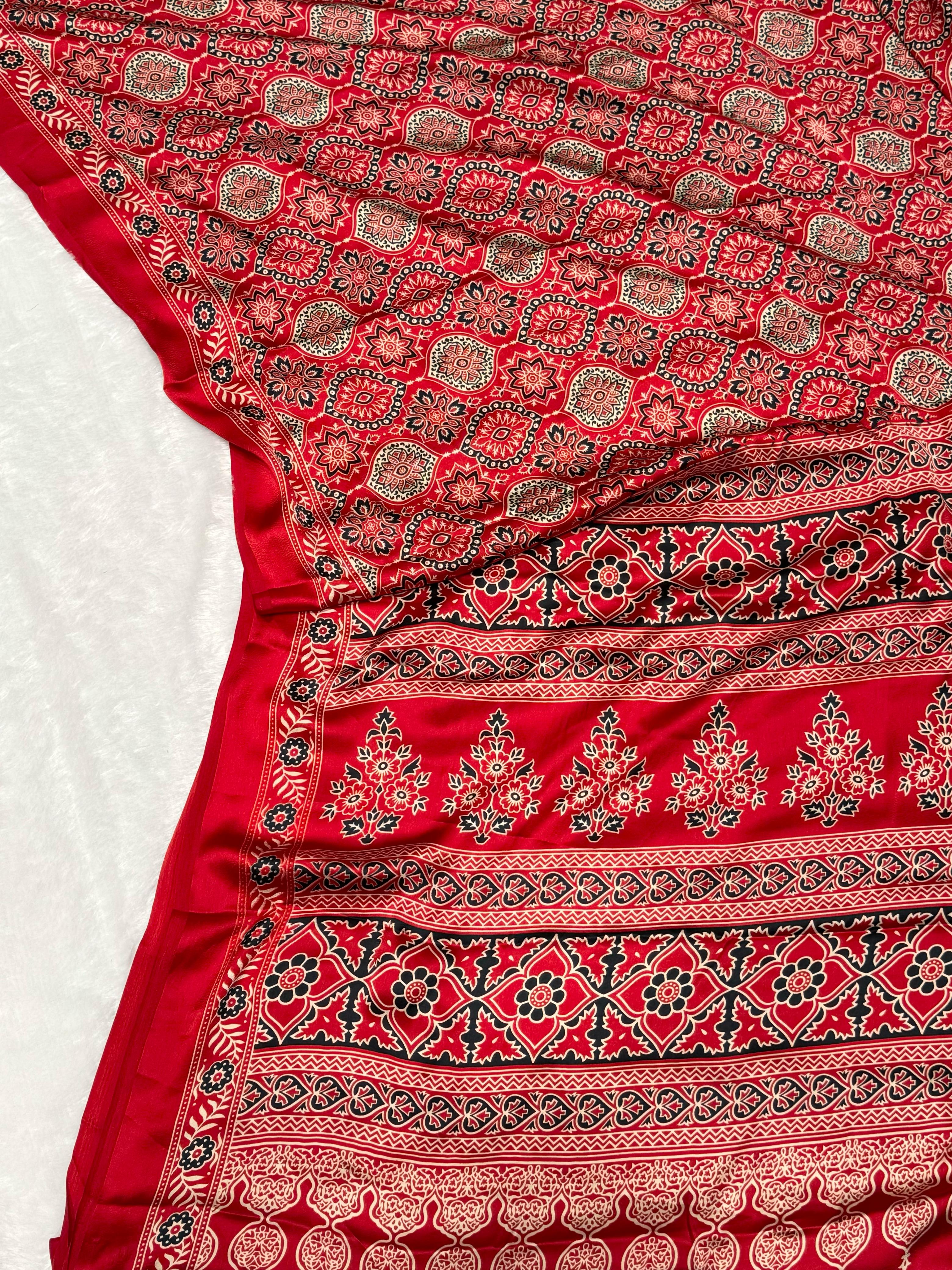 Akruti Red Modal Silk Ajrakh Natural Print Saree
