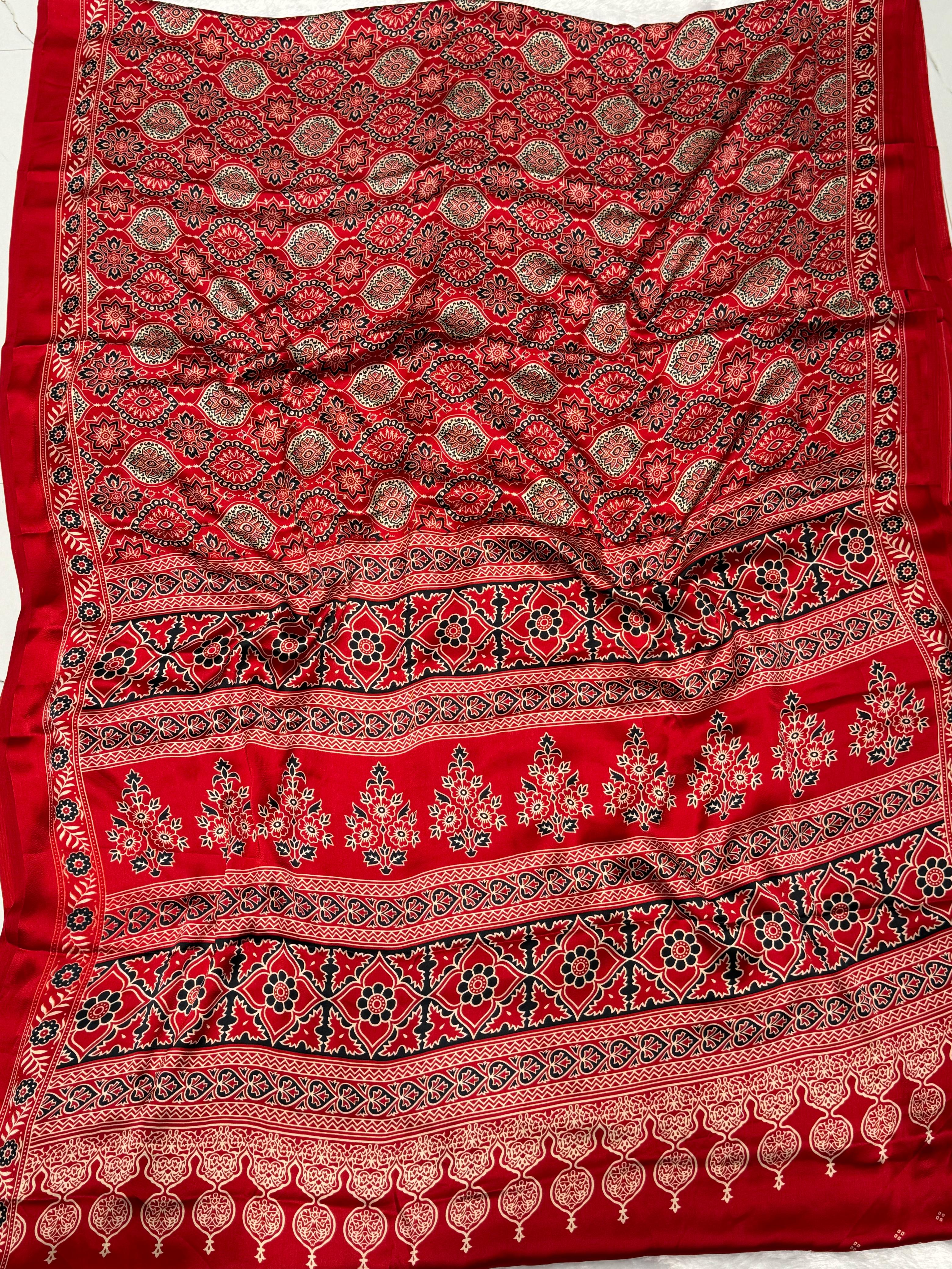 Akruti Red Modal Silk Ajrakh Natural Print Saree