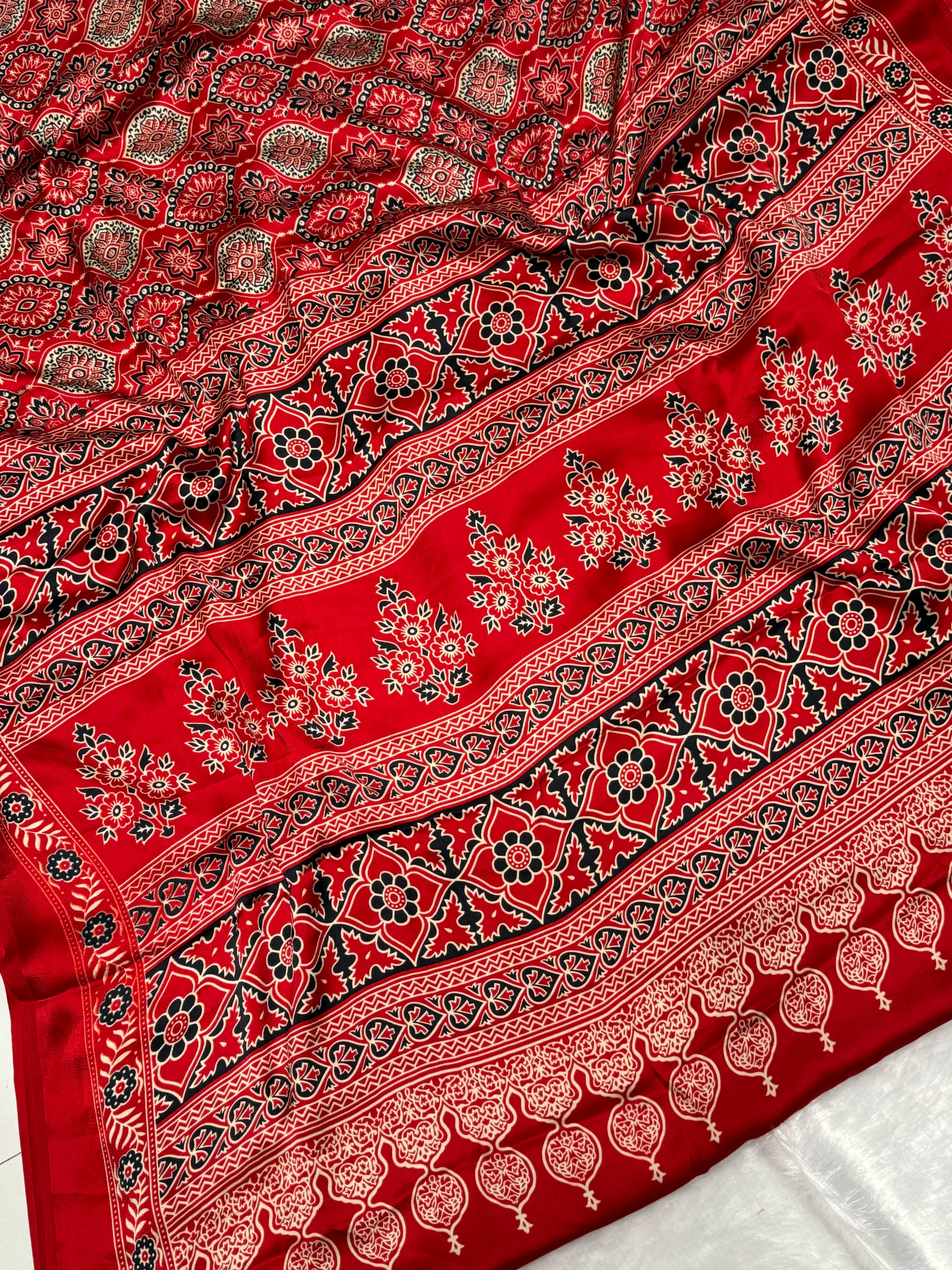 Akruti Red Modal Silk Ajrakh Natural Print Saree
