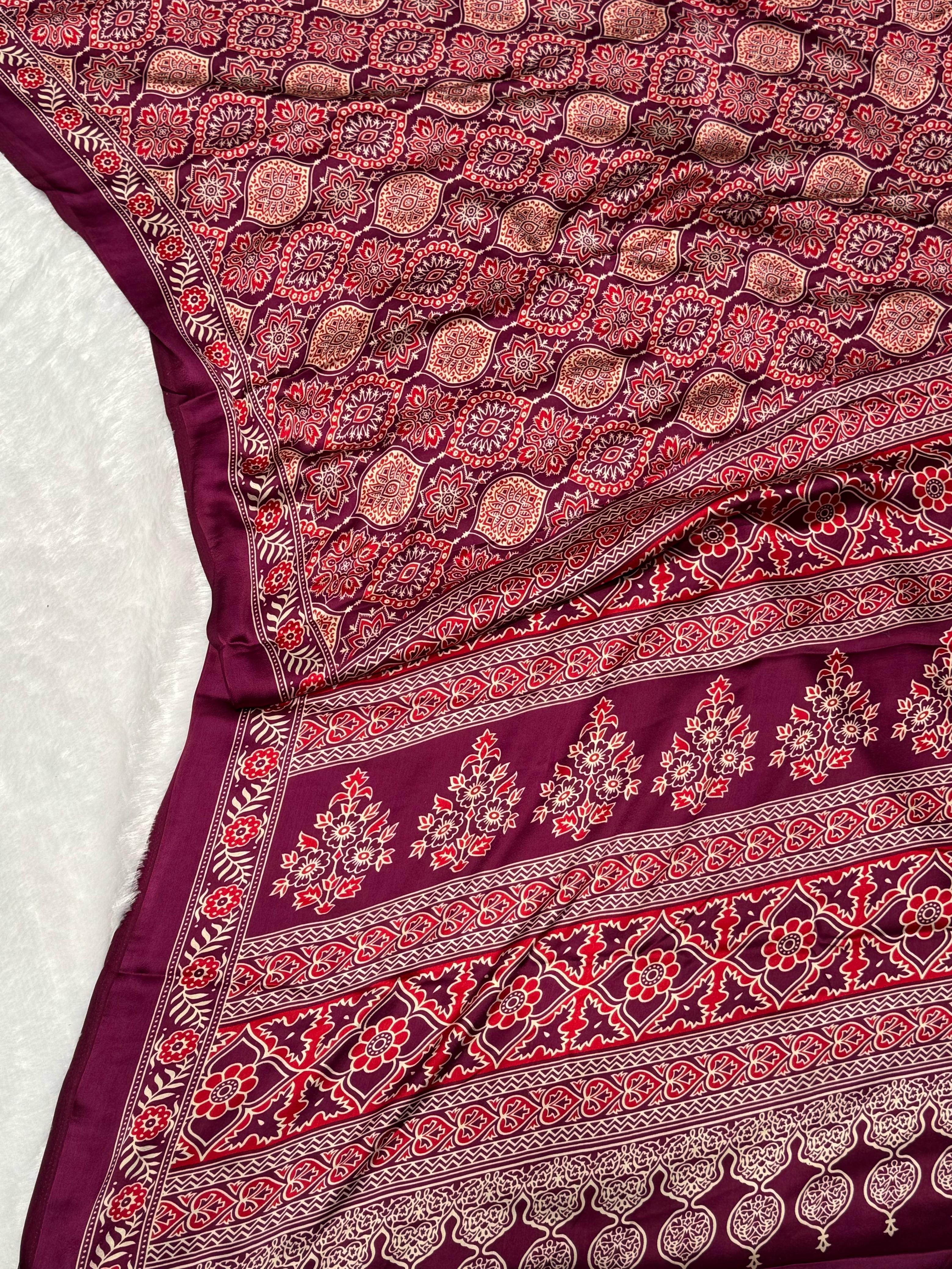 Akruti Wine Modal Silk Ajrakh Natural Print Saree