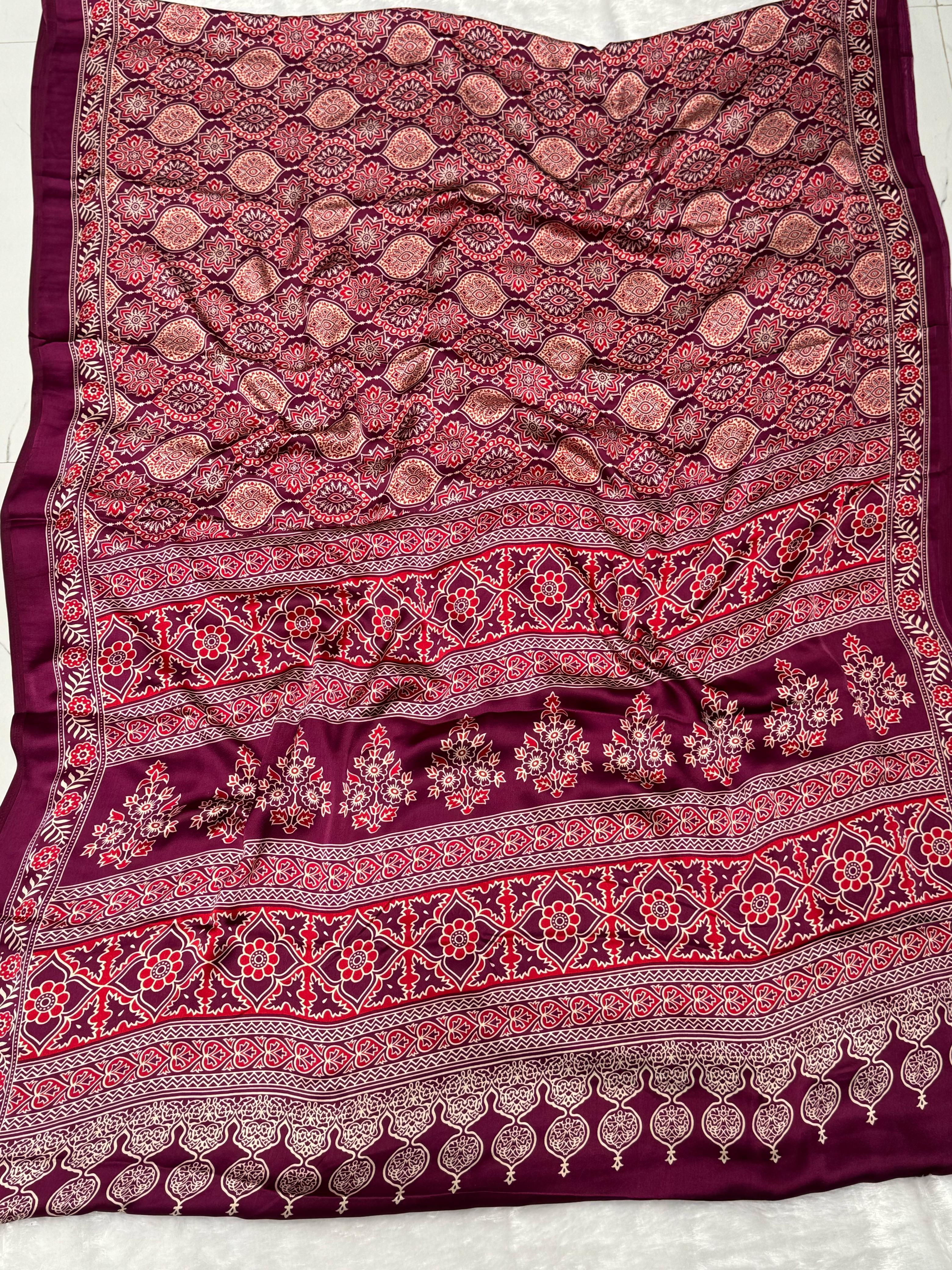 Akruti Wine Modal Silk Ajrakh Natural Print Saree