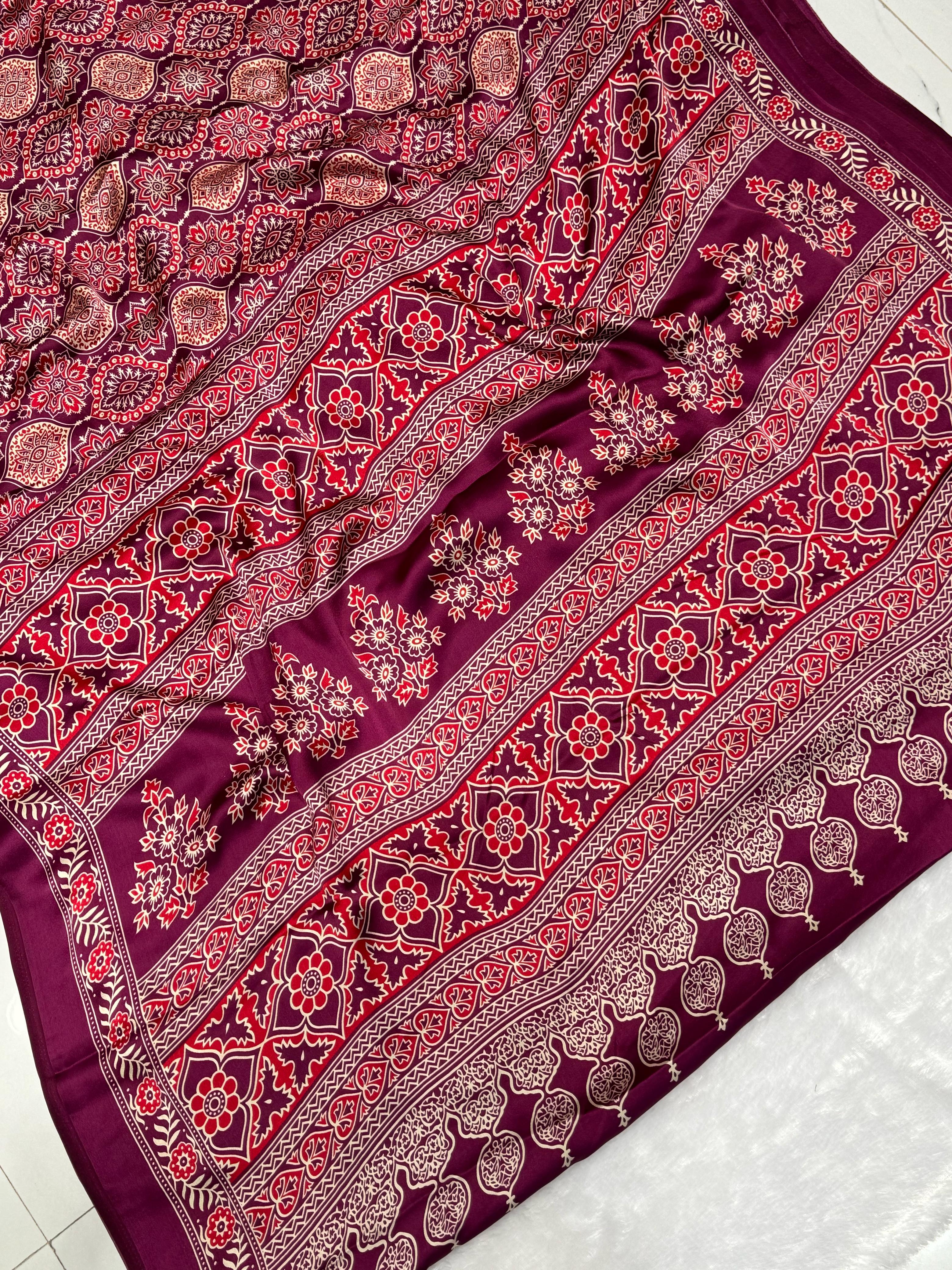 Akruti Wine Modal Silk Ajrakh Natural Print Saree