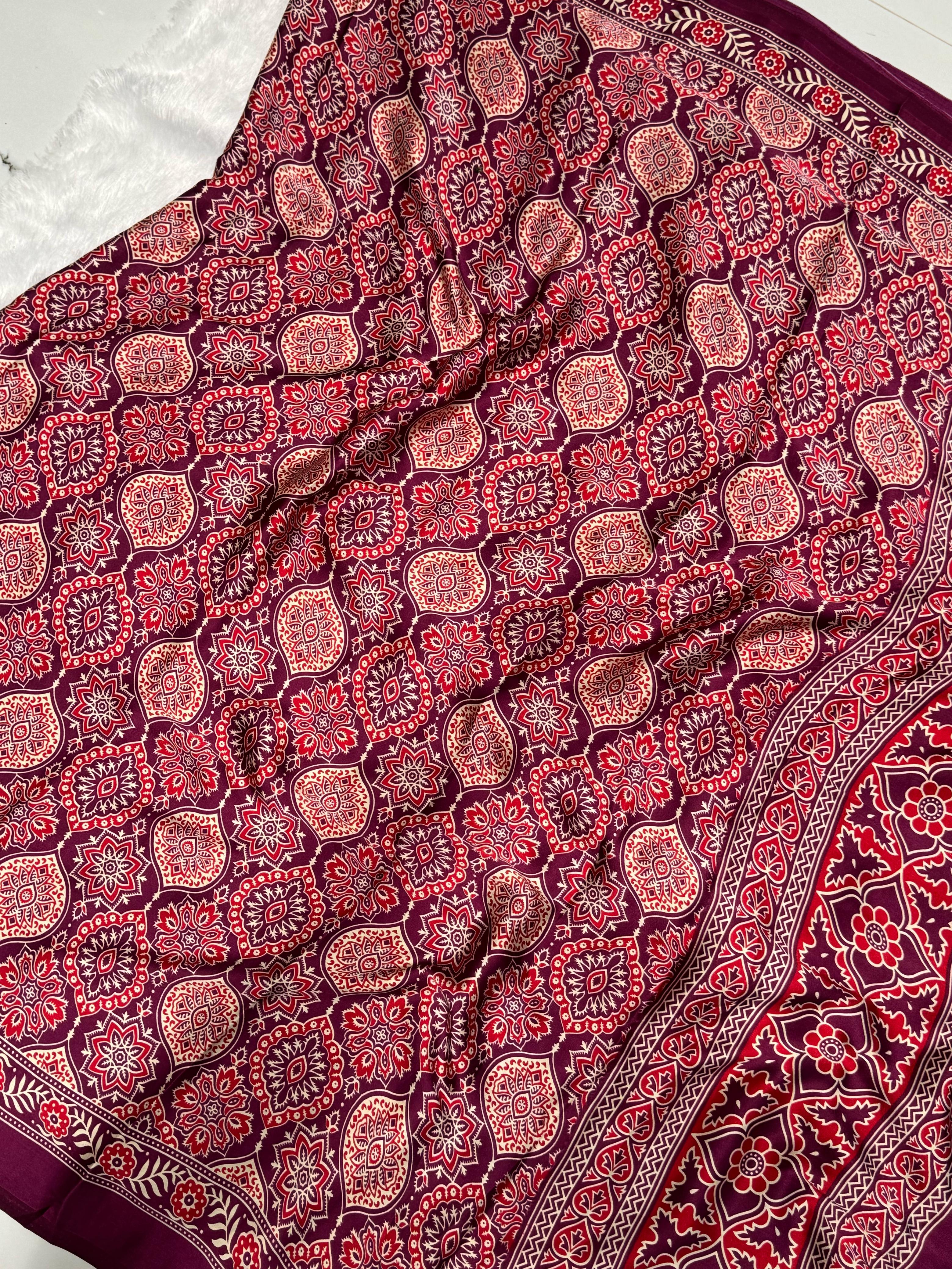 Akruti Wine Modal Silk Ajrakh Natural Print Saree