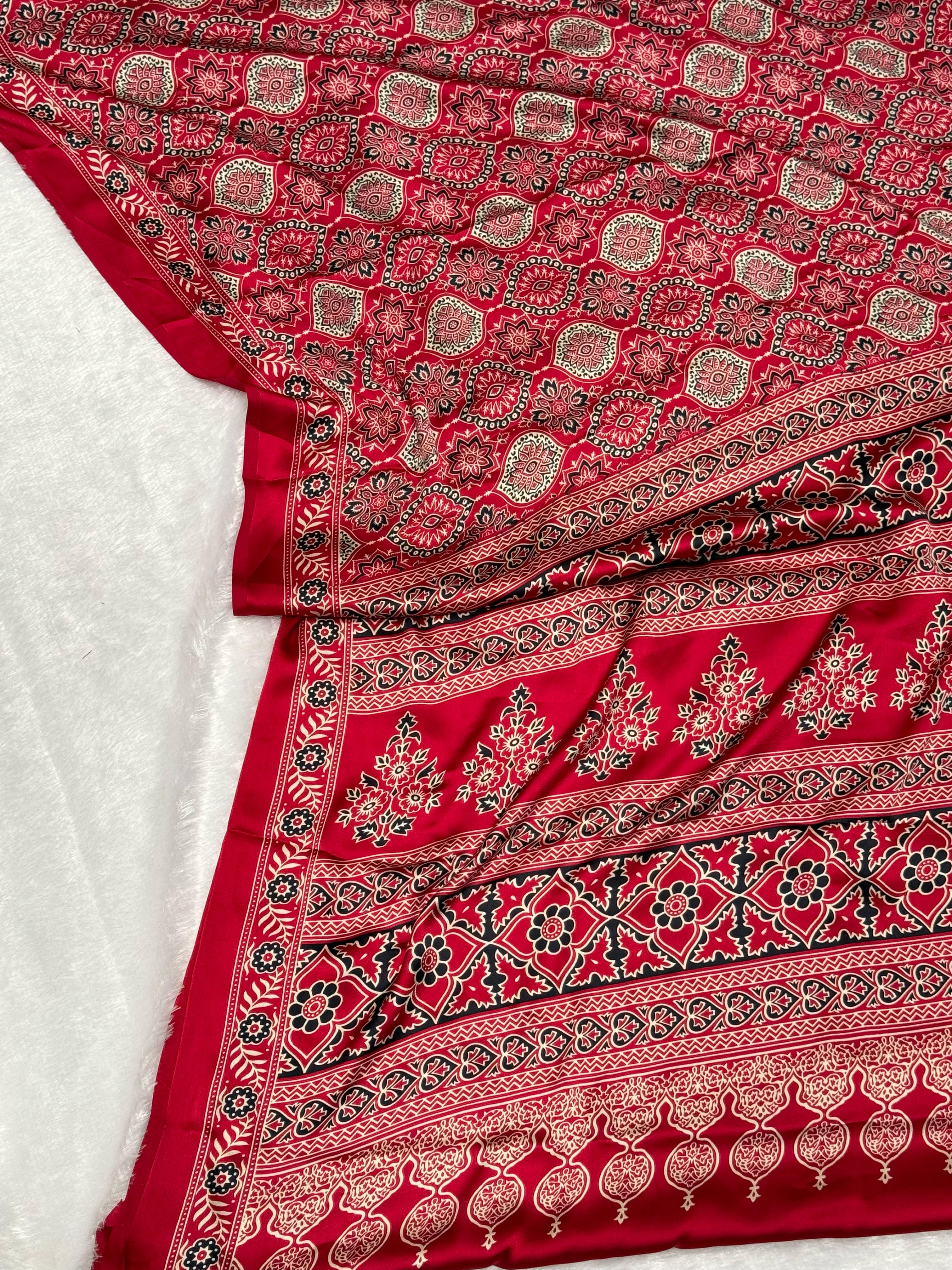 Akruti Maroon Modal Silk Ajrakh Natural Print Saree