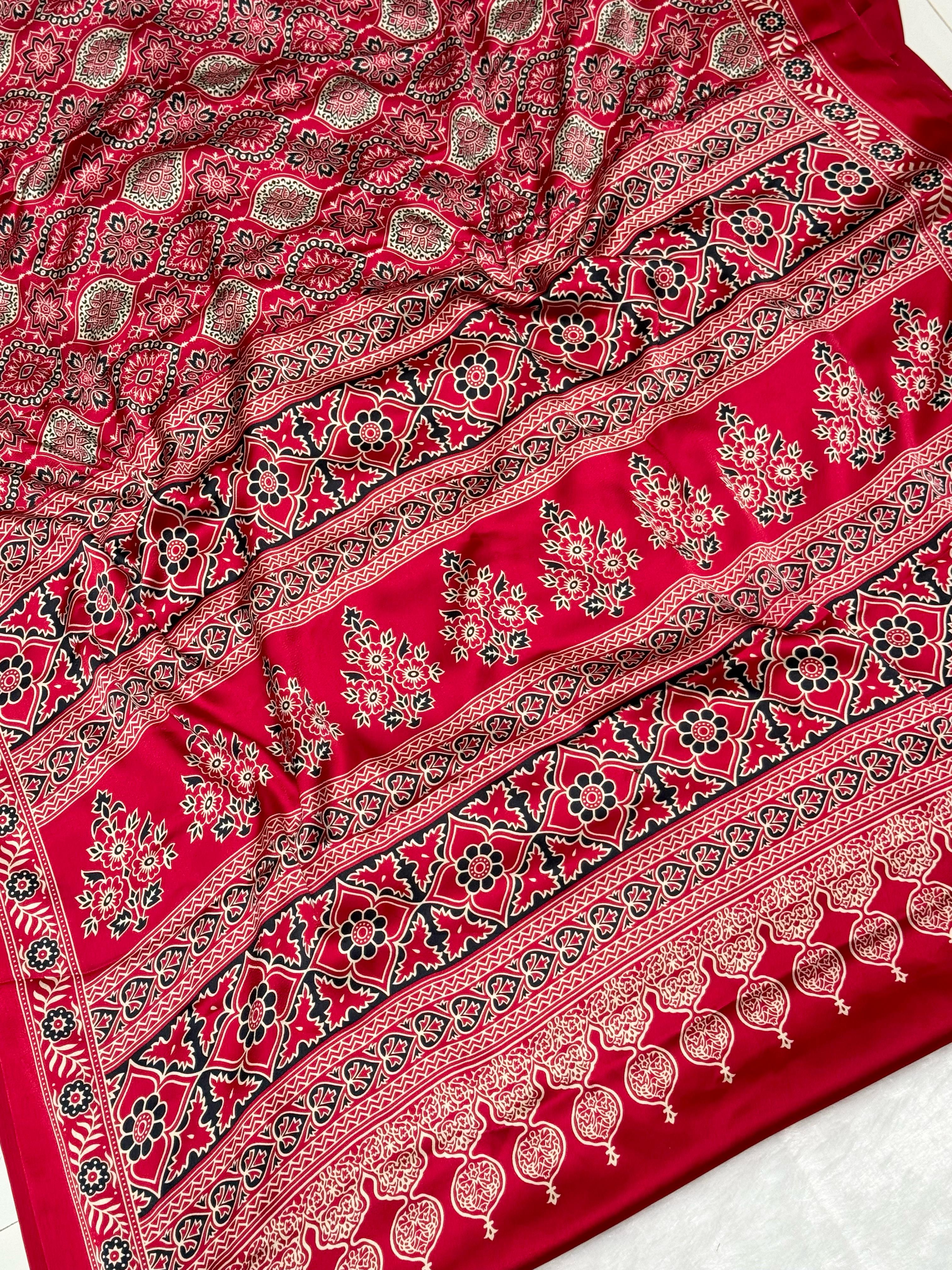 Akruti Maroon Modal Silk Ajrakh Natural Print Saree