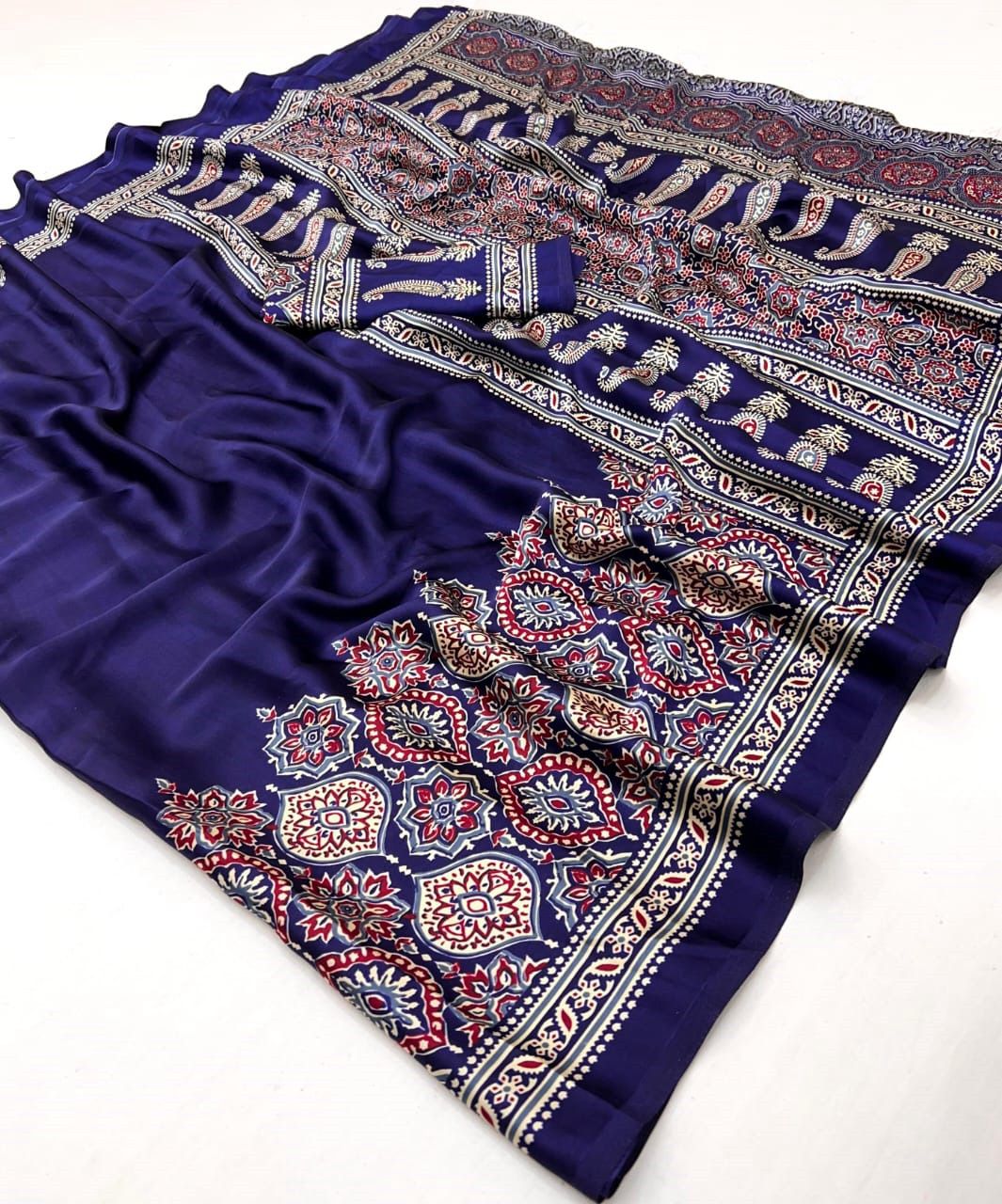 Saheli Blue Modal Silk Ajrakh Natural Print saree