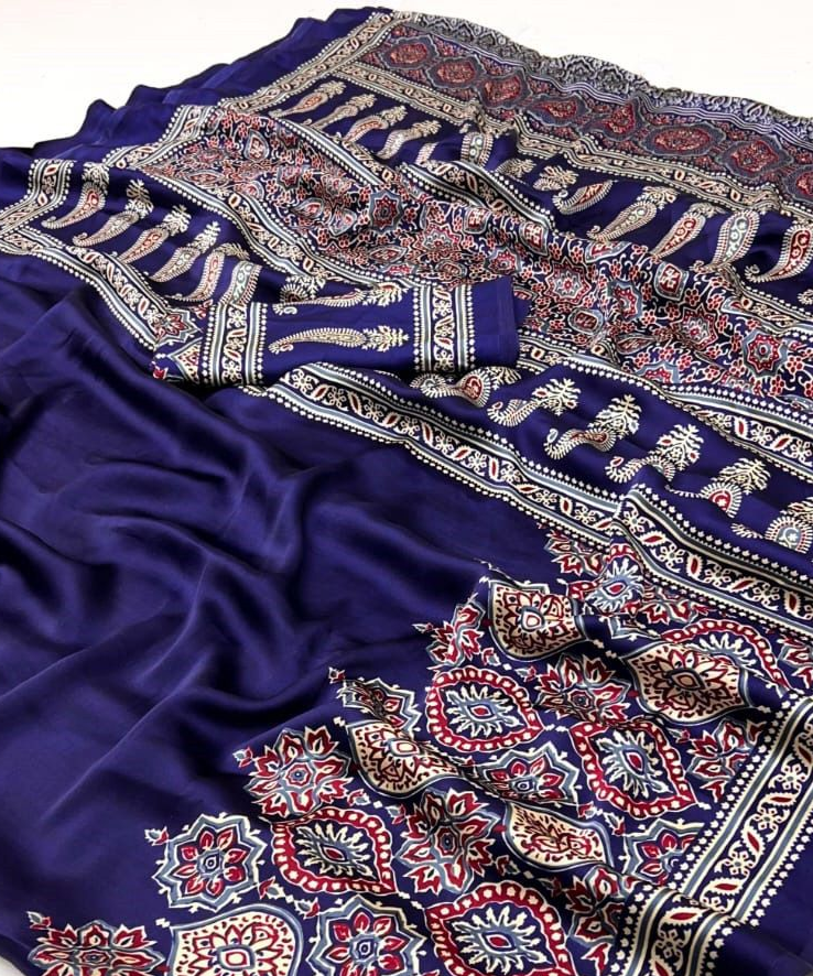 Saheli Blue Modal Silk Ajrakh Natural Print saree