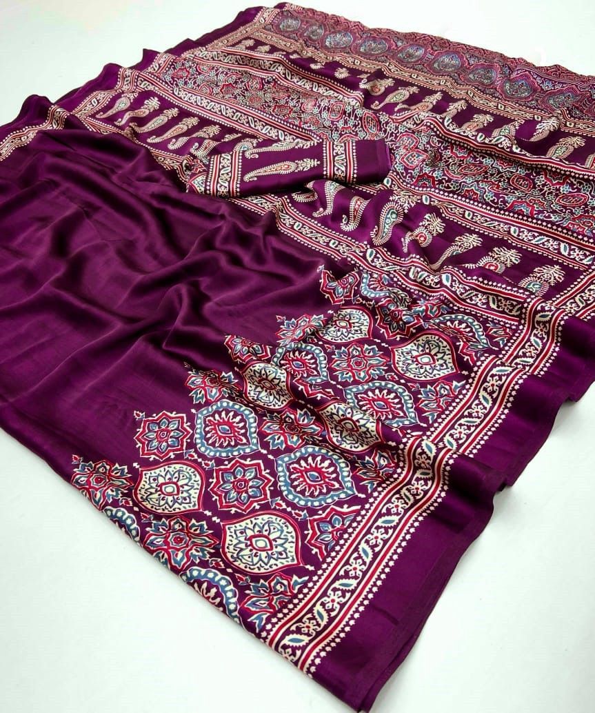 Saheli Wine Modal Silk Ajrakh Natural Print saree