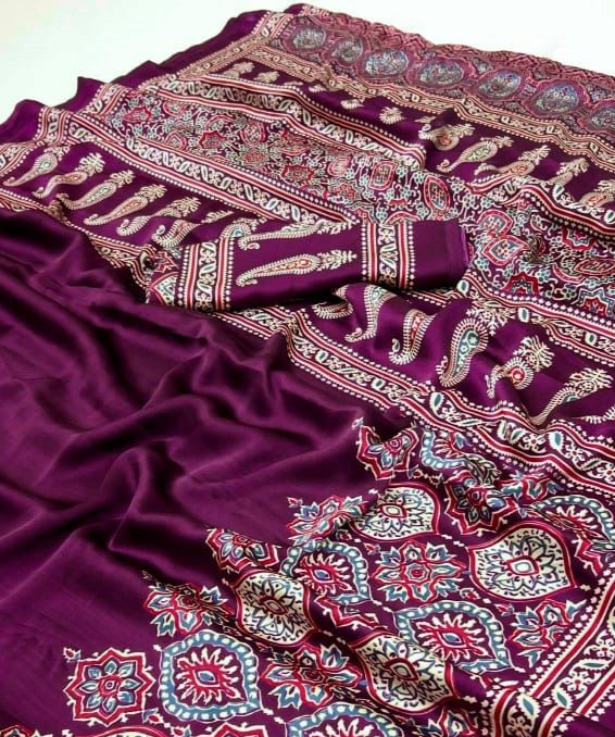 Saheli Wine Modal Silk Ajrakh Natural Print saree