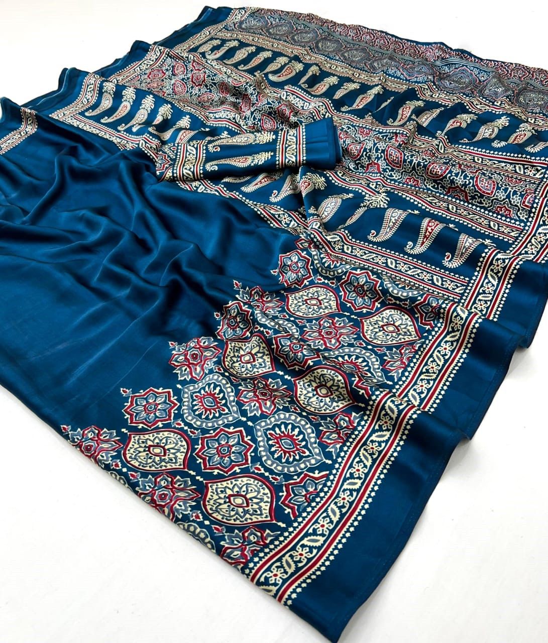 Saheli Indigo Modal Silk Ajrakh Natural Print saree
