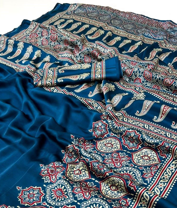 Saheli Indigo Modal Silk Ajrakh Natural Print saree