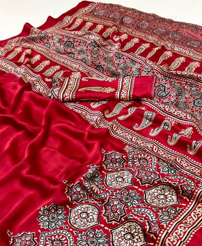 Saheli Redish Maroon Modal Silk Ajrakh Natural Print saree