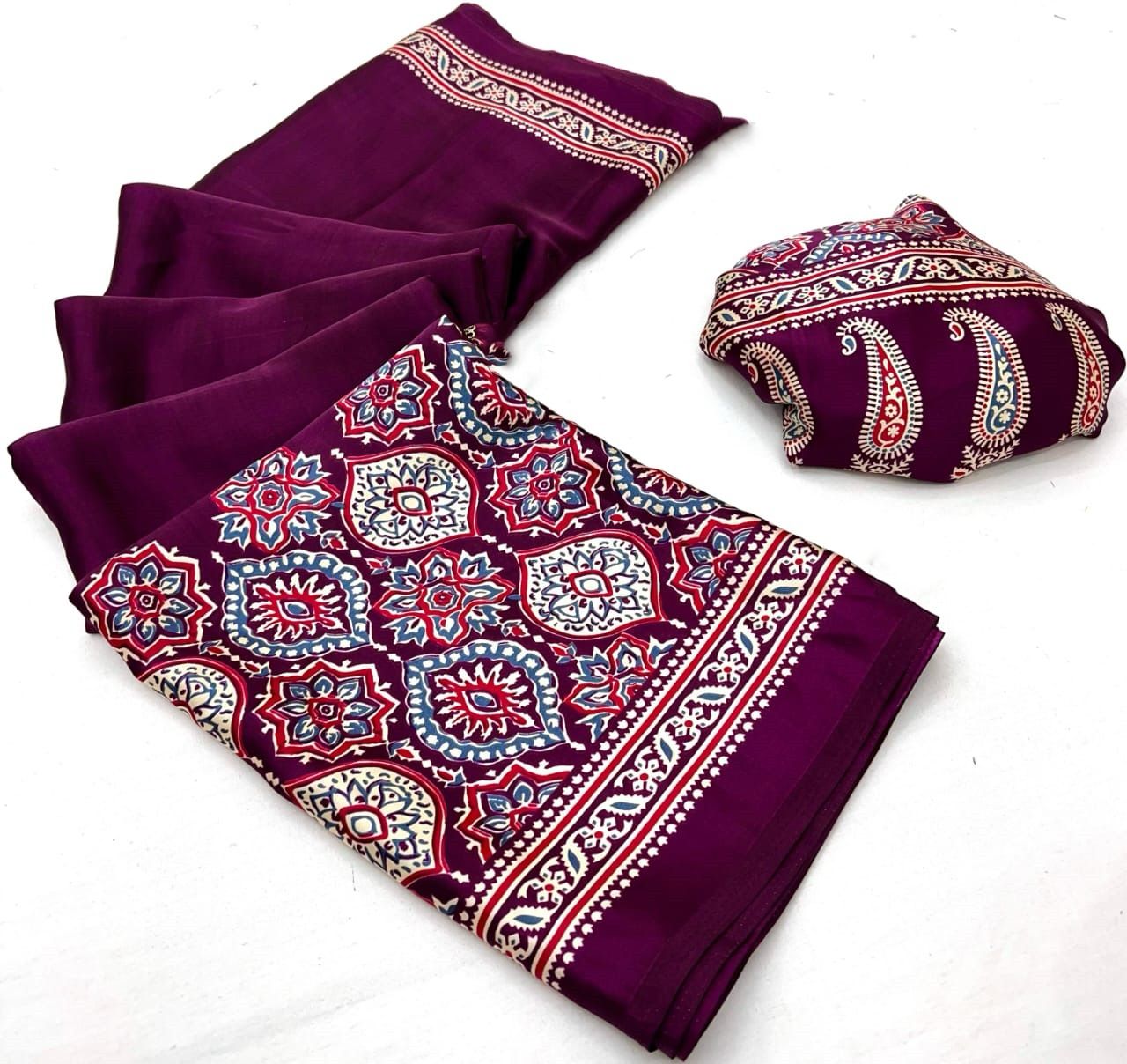 Saheli Wine Modal Silk Ajrakh Natural Print saree