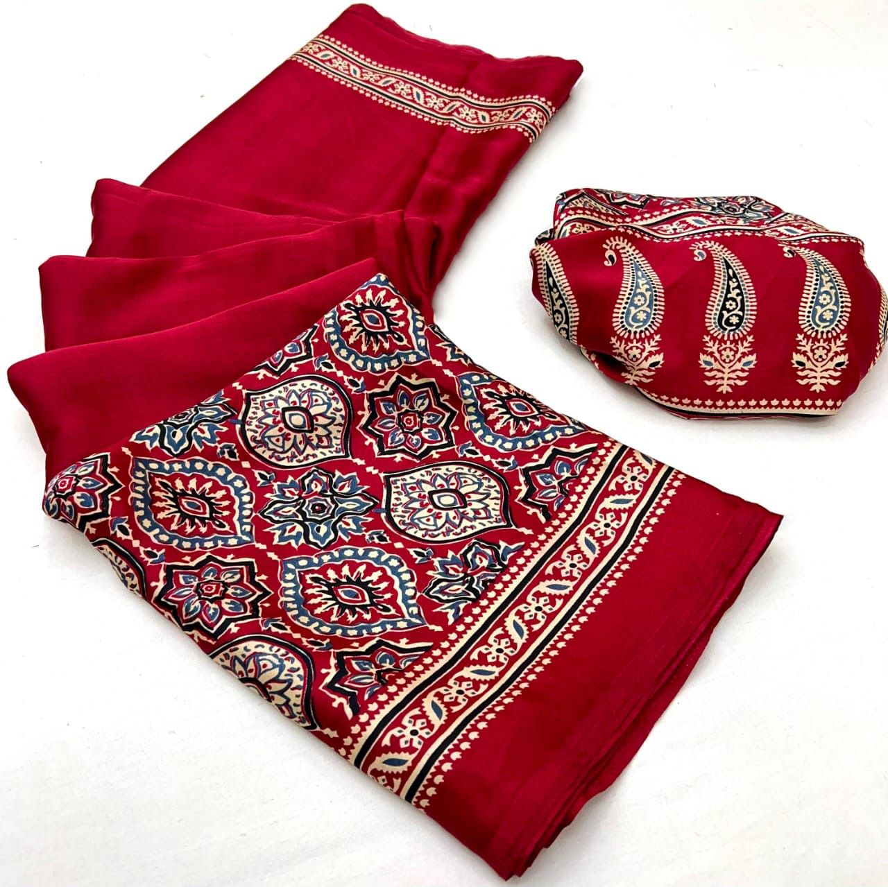 Saheli Redish Maroon Modal Silk Ajrakh Natural Print saree