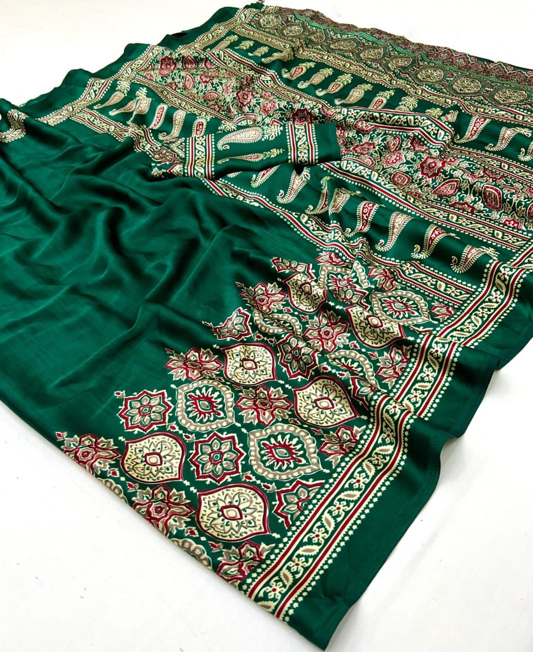 Saheli Green Modal Silk Ajrakh Natural Print saree