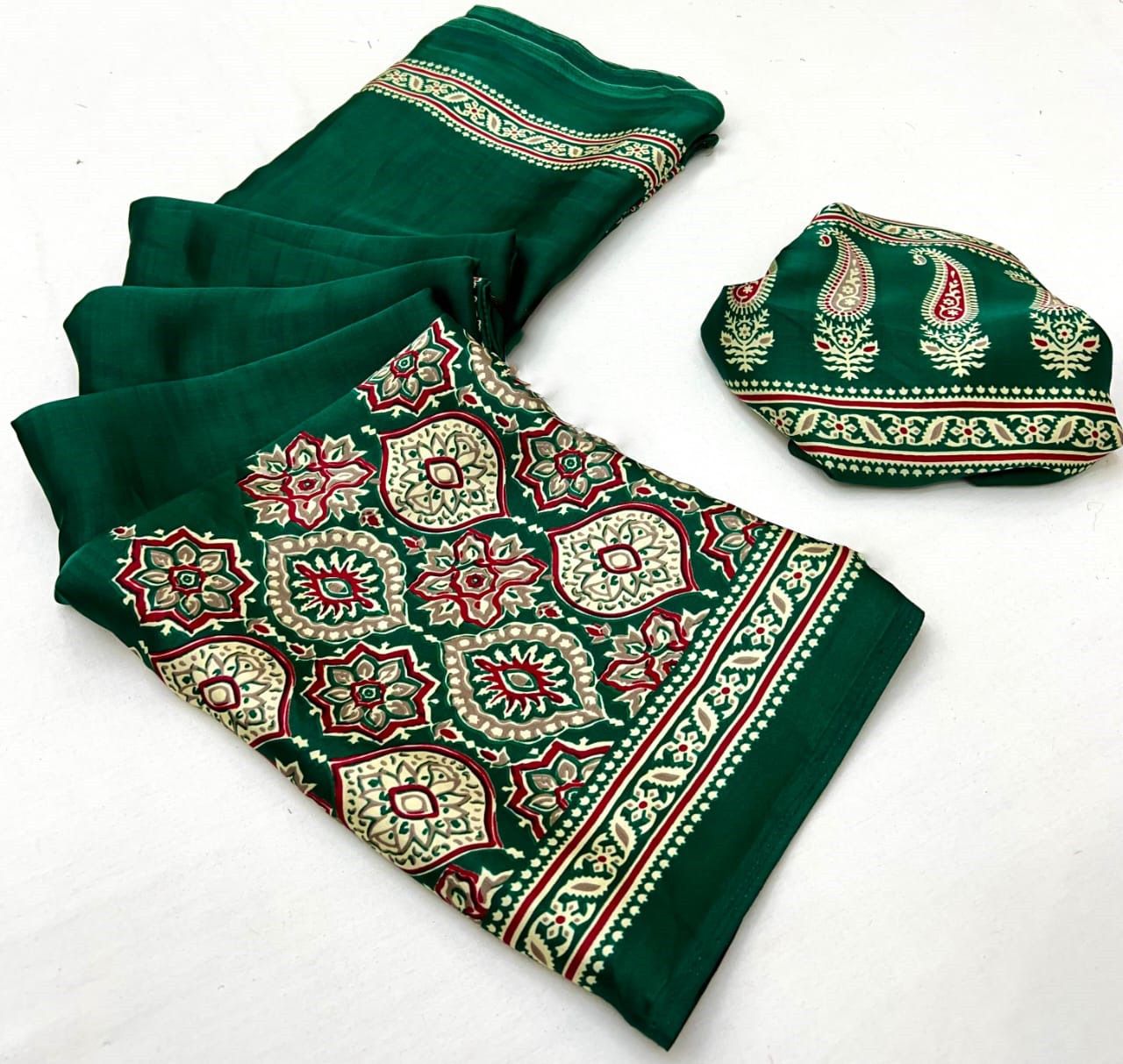 Saheli Green Modal Silk Ajrakh Natural Print saree