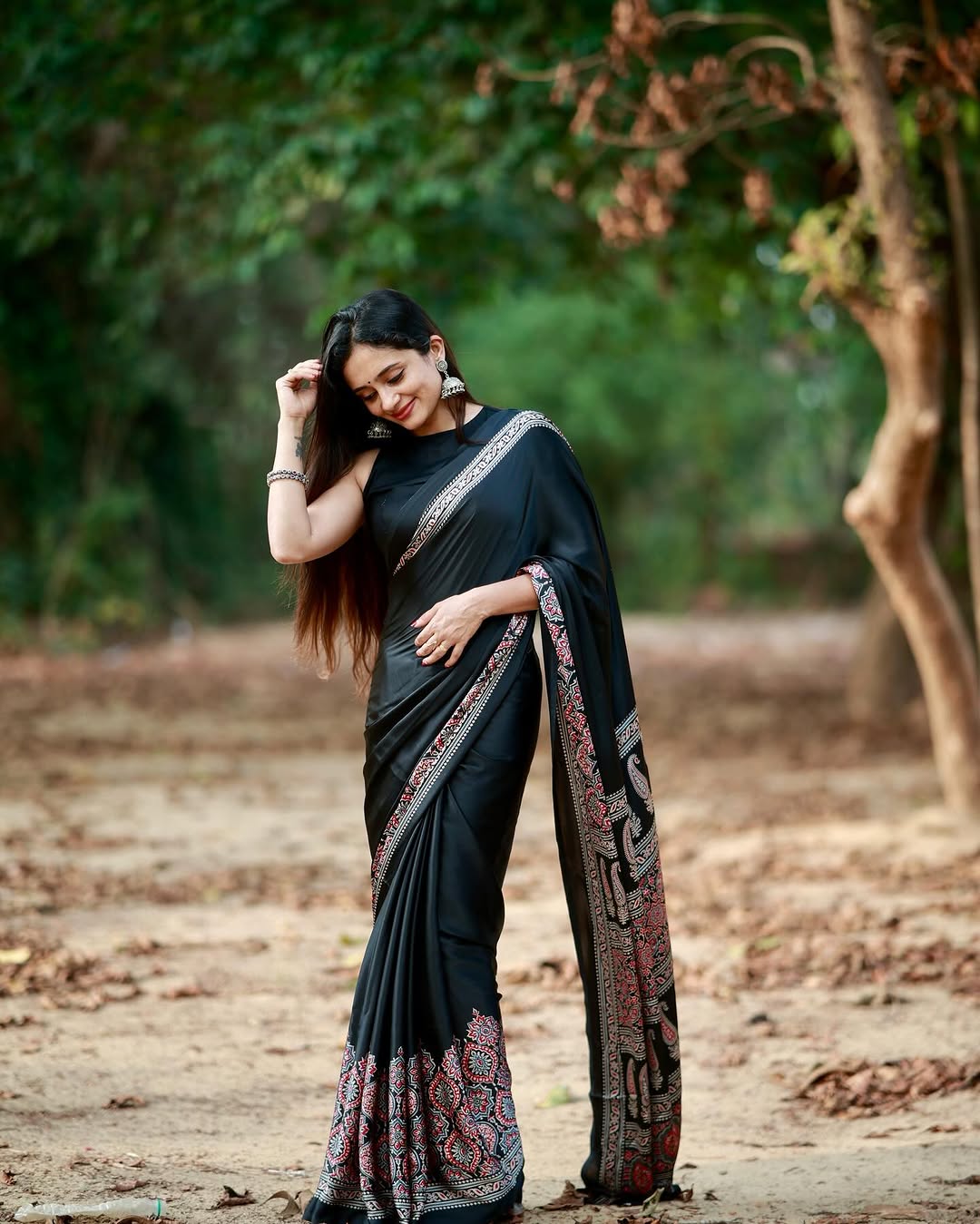Saheli Black Modal Silk Ajrakh Natural Print saree