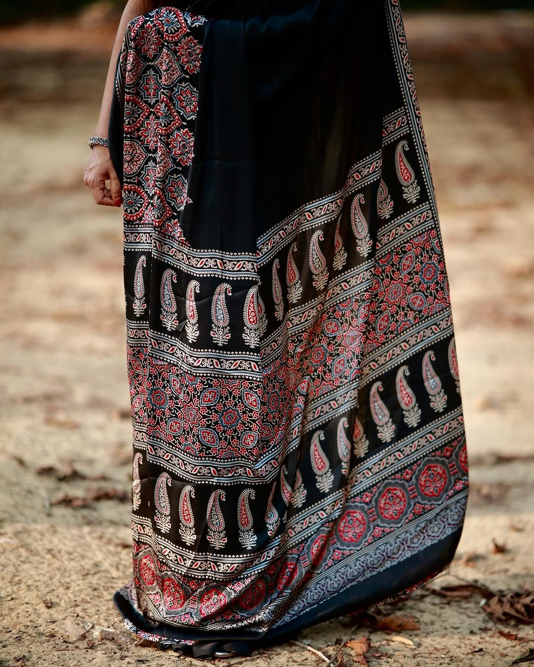 Saheli Black Modal Silk Ajrakh Natural Print saree