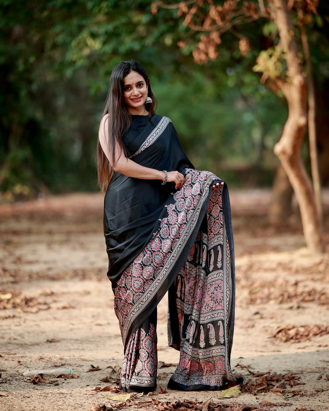 Saheli Black Modal Silk Ajrakh Natural Print saree