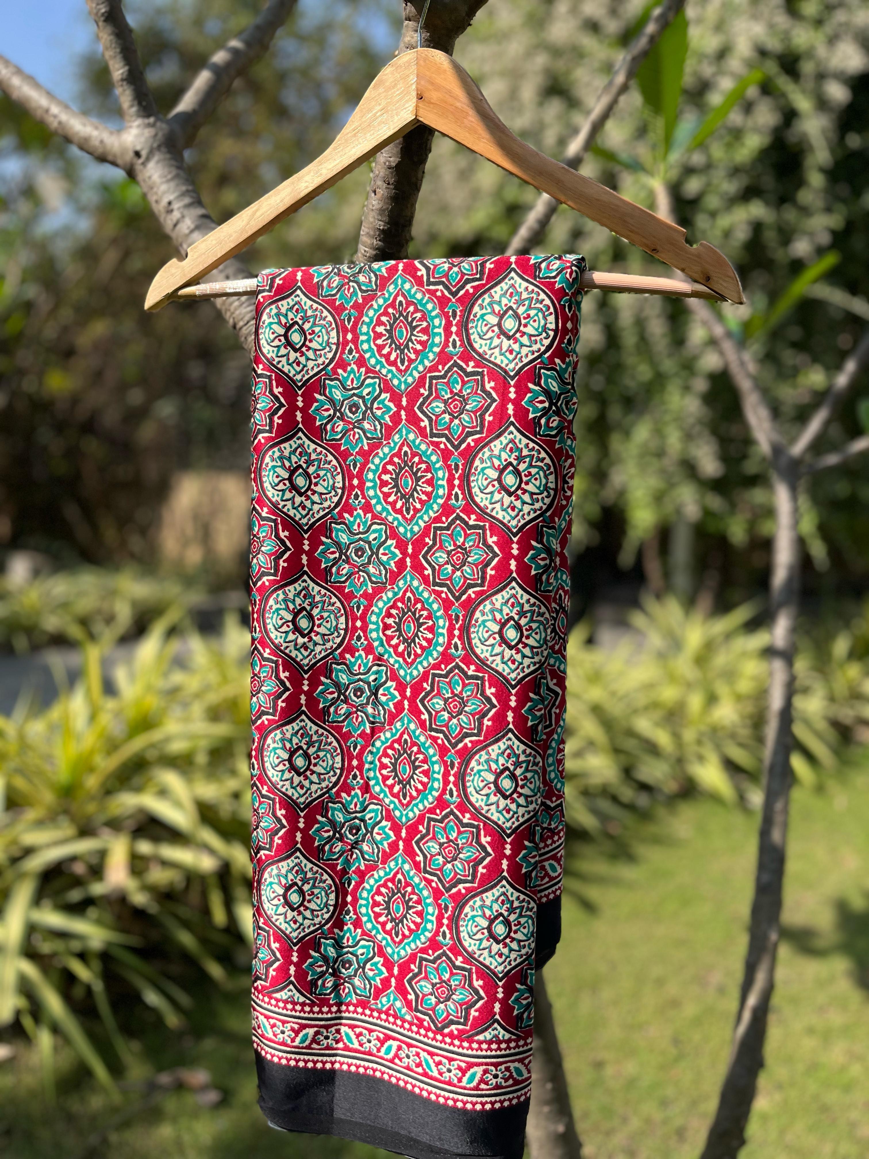 Varnika Maroon And Black Modal Silk Ajrakh Natural Print saree