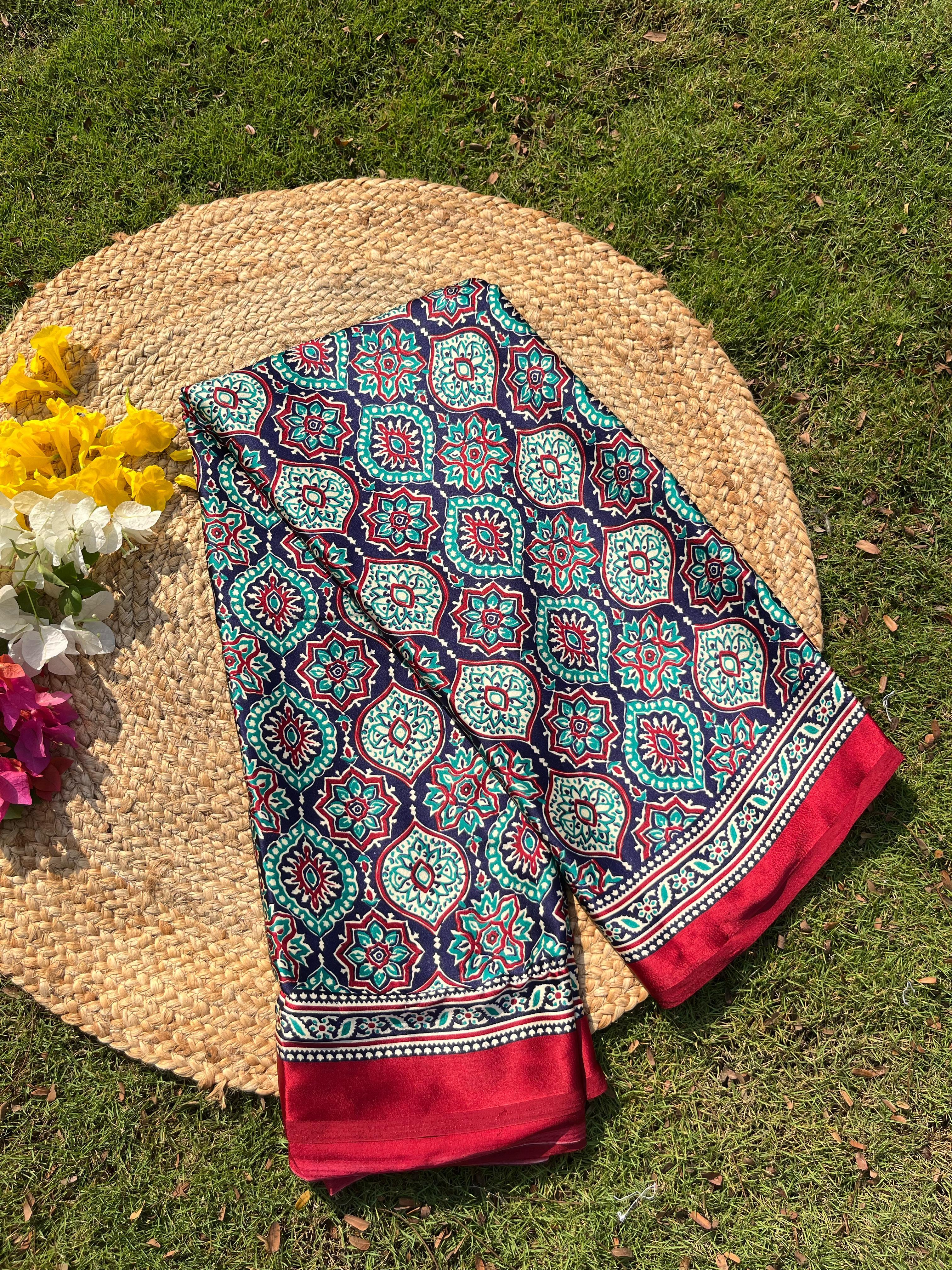 Varnika Blue Modal Silk Ajrakh Natural Print saree