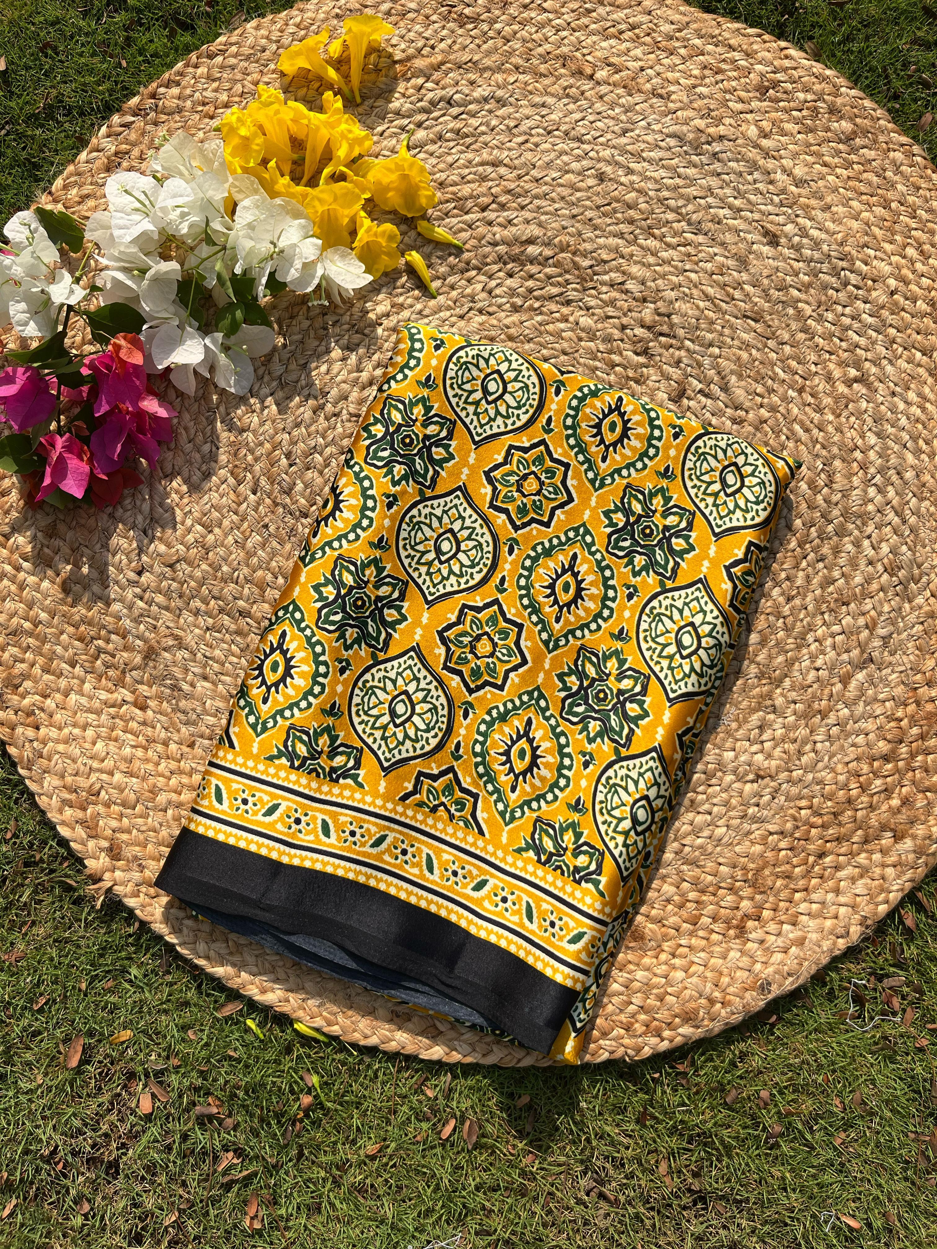 Varnika Yellow Modal Silk Ajrakh Natural Print saree