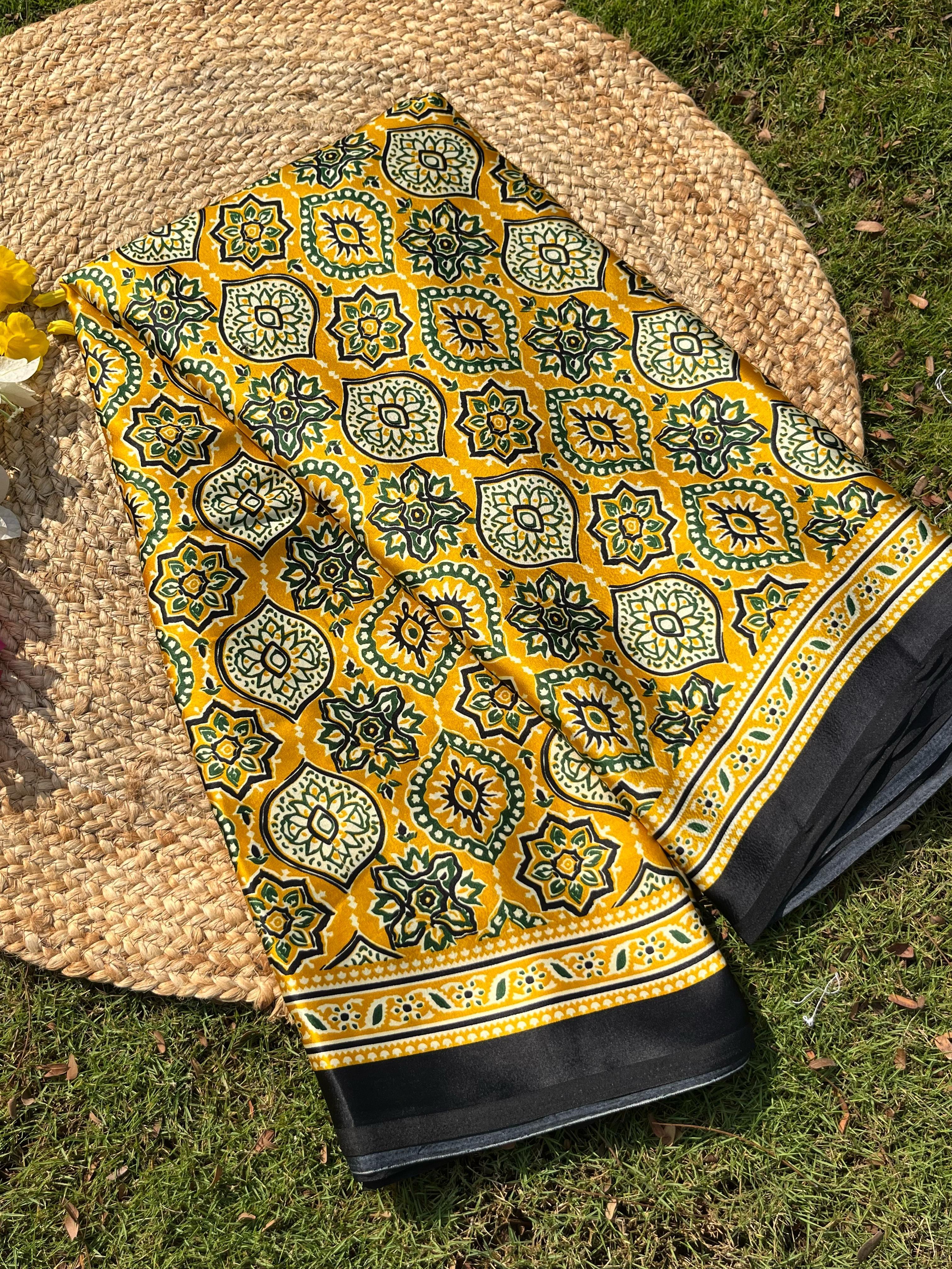 Varnika Yellow Modal Silk Ajrakh Natural Print saree
