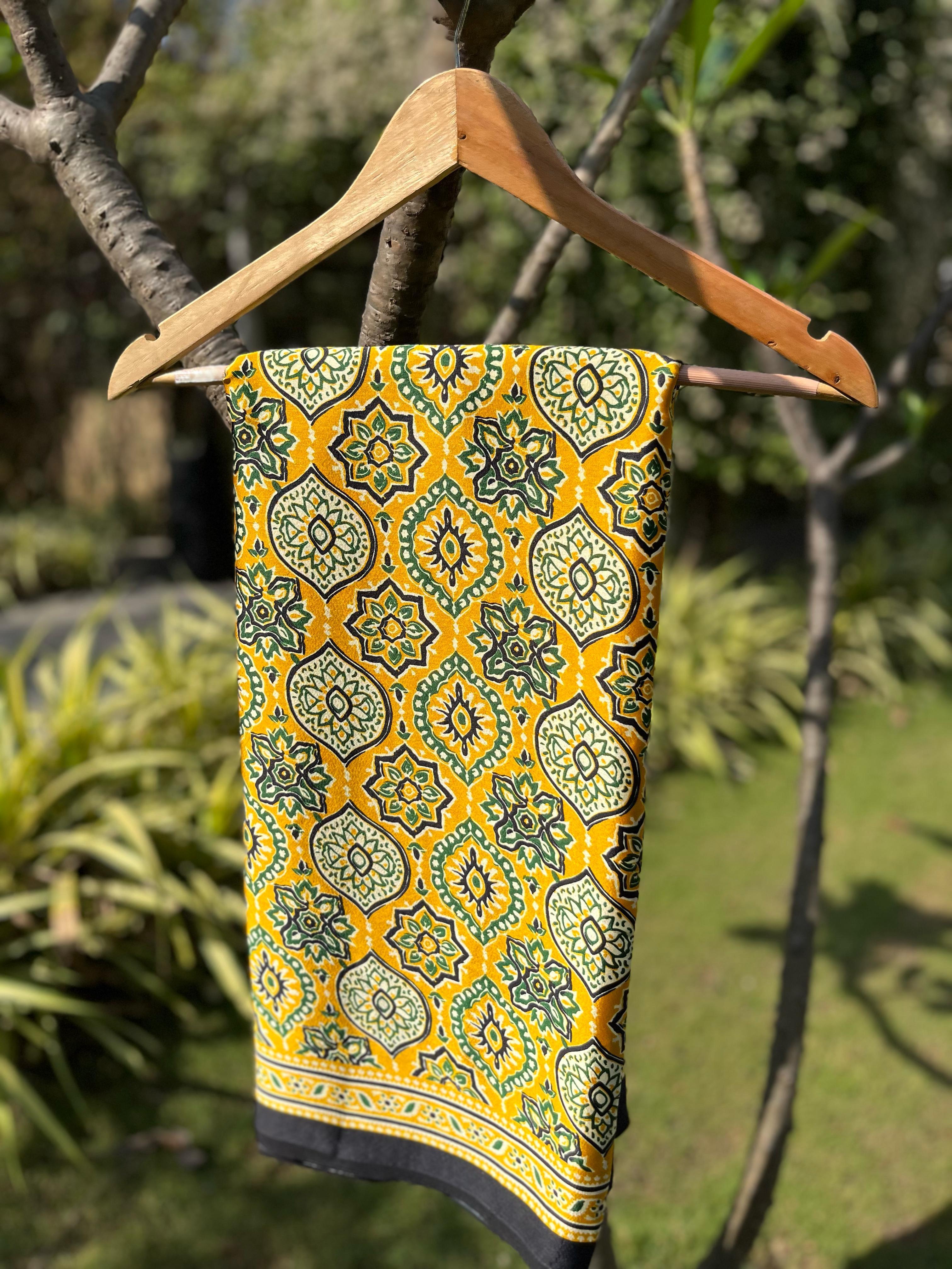 Varnika Yellow Modal Silk Ajrakh Natural Print saree