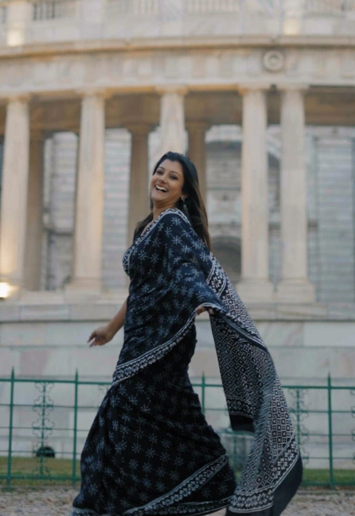 Petaline One Minute Ready To Wear Black Pure Soft Linen Silk Saree