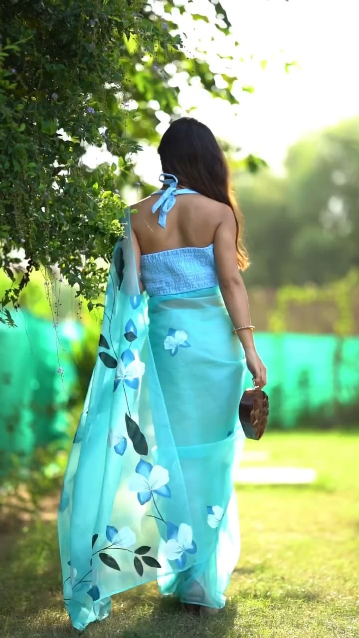 Rich One Minute Ready To Wear Sky Blue Organza Silk Saree