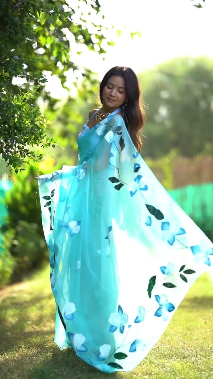 Rich One Minute Ready To Wear Sky Blue Organza Silk Saree