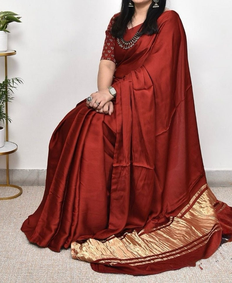 Fabulous  Plain Pure Modal Gajji Silk Saree With Zari Pallu Natural dyeing Saree