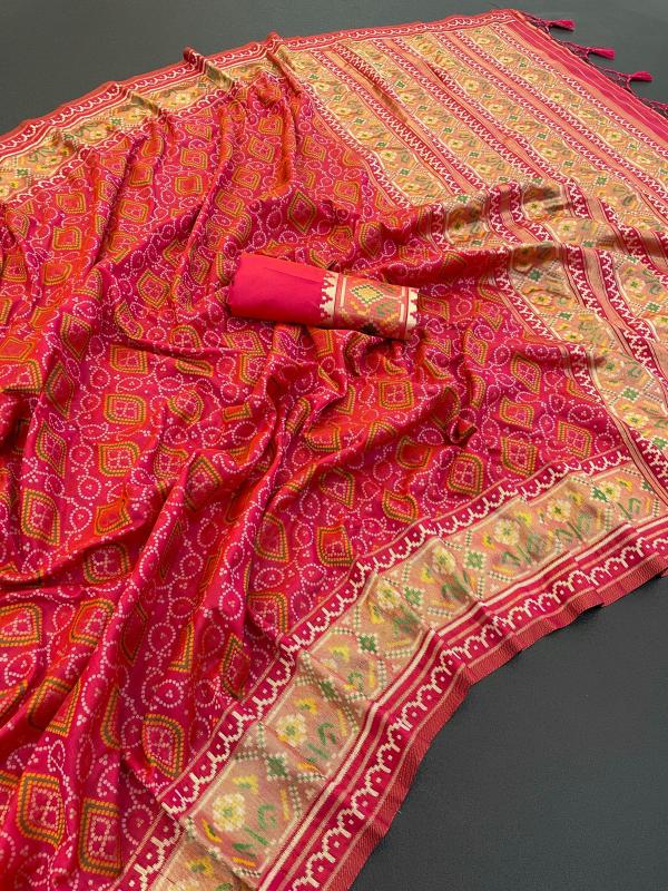 Luxury Pink Pure Look Soft Silk Bandhani Patola Saree
