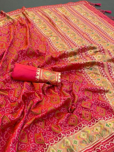 Luxury Pink Pure Look Soft Silk Bandhani Patola Saree