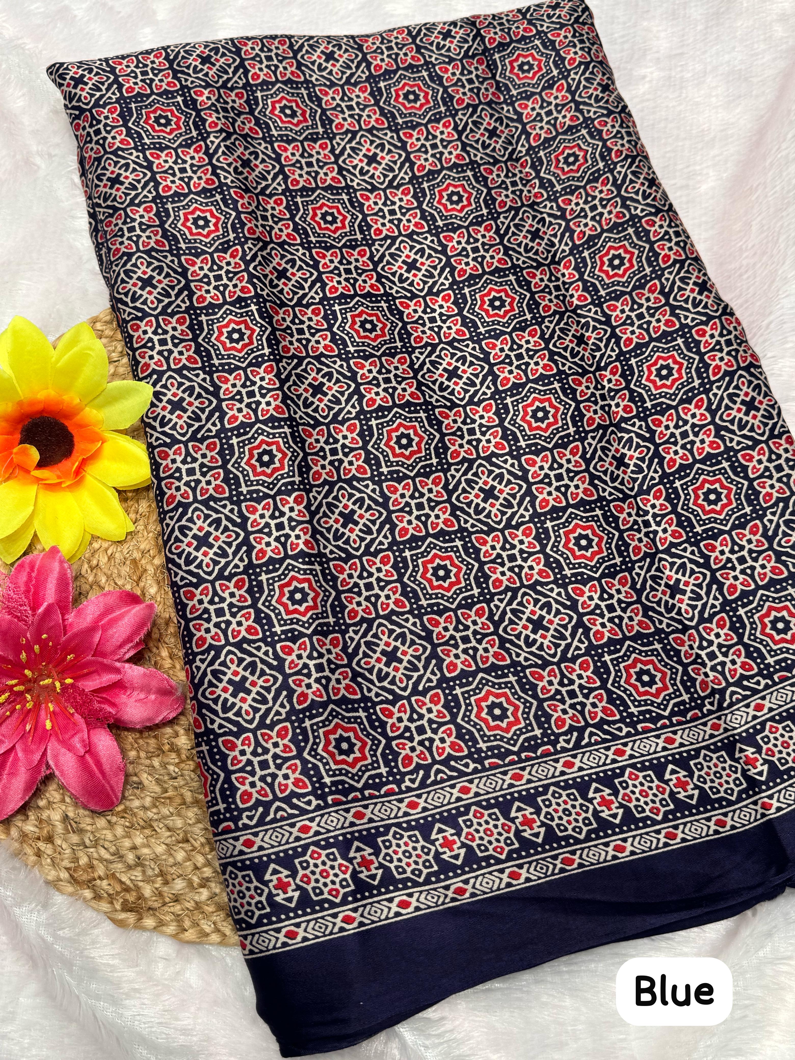 Blue Ajrakh Hand Block Pure Modal Silk Saree With Lagdi Pallu