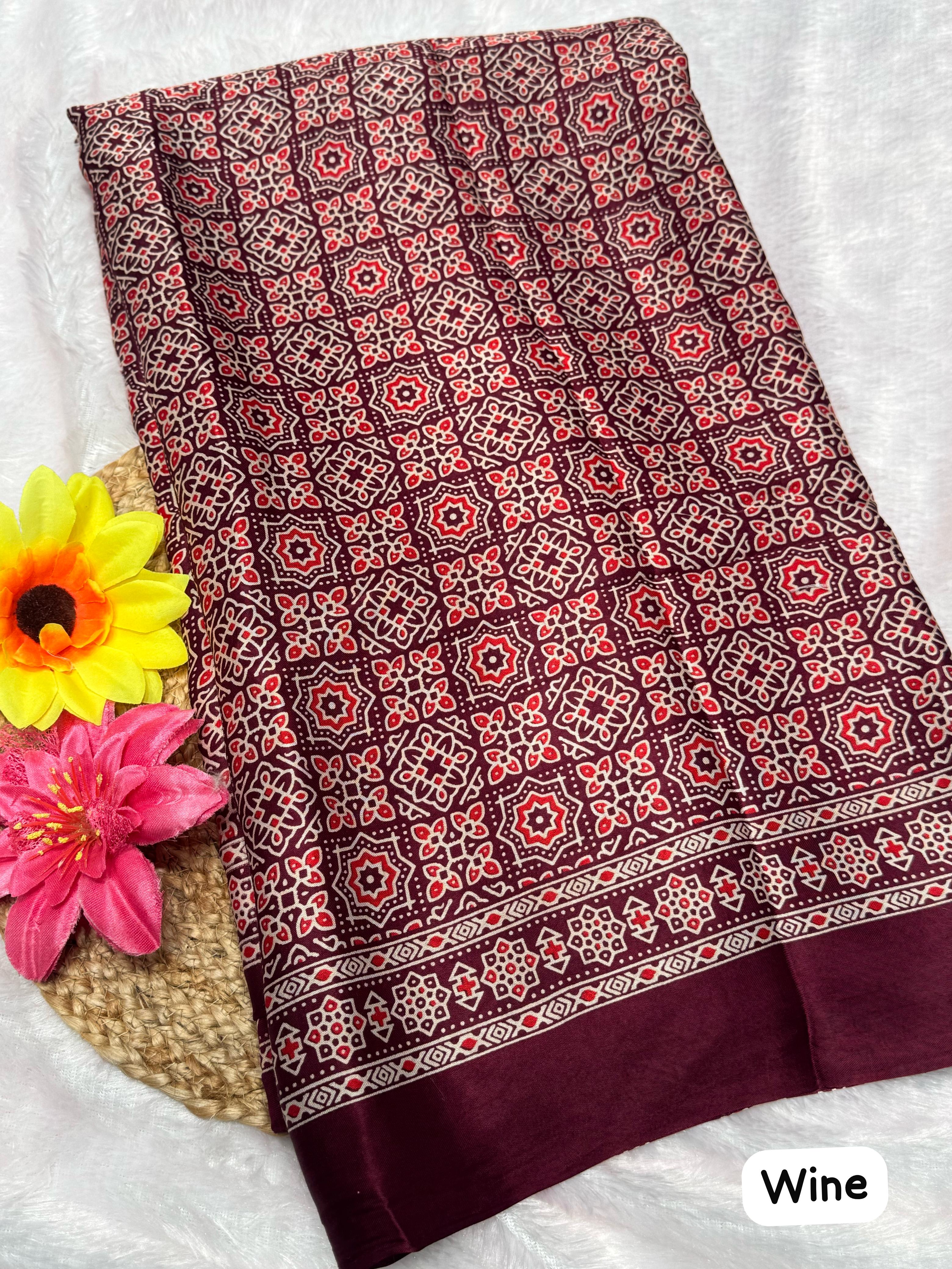 Wine Ajrakh Hand Block Pure Modal Silk Saree With Lagdi Pallu