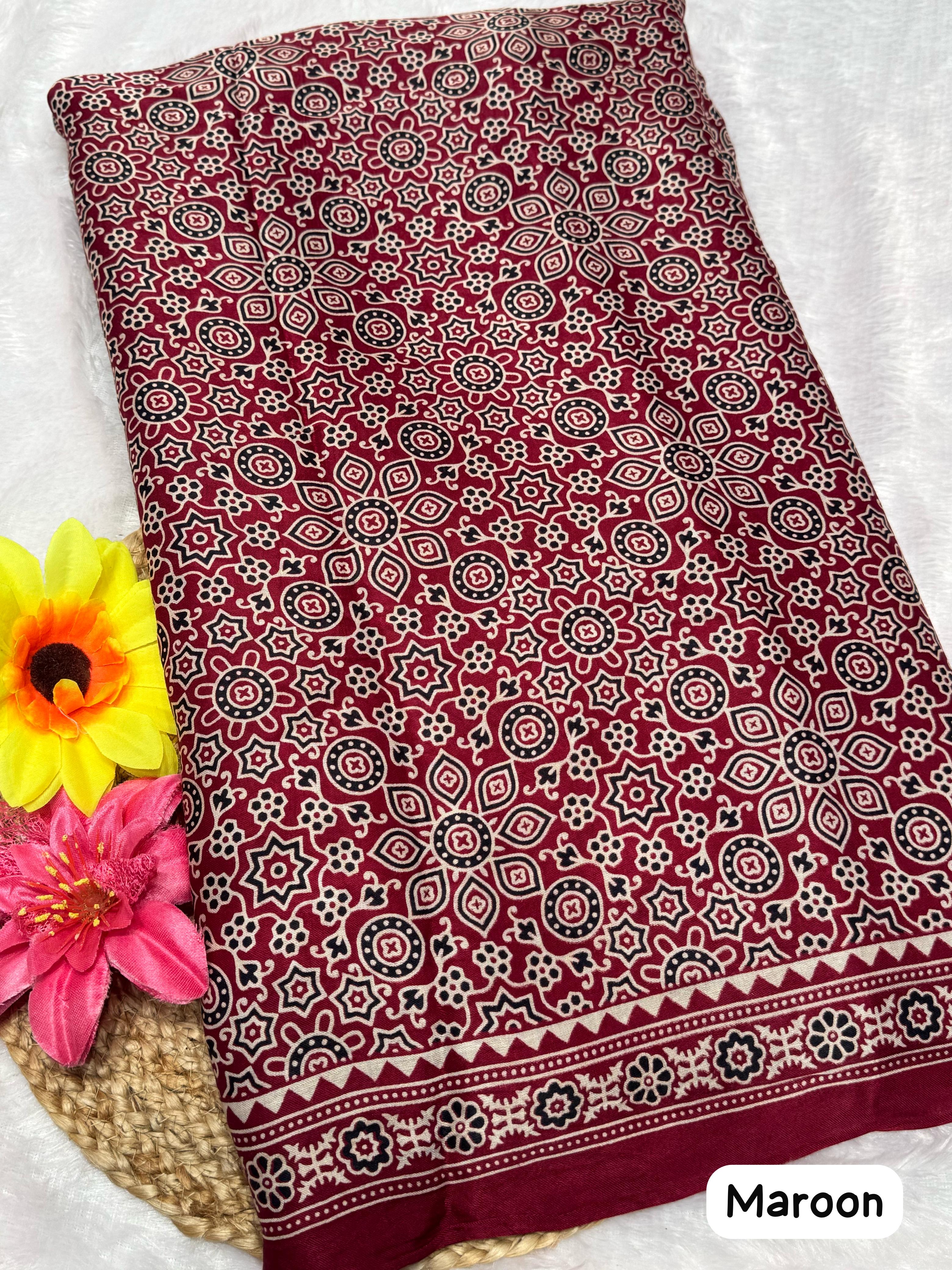 Maroon Ajrakh Hand Block Pure Modal Silk Saree With Lagdi Pallu