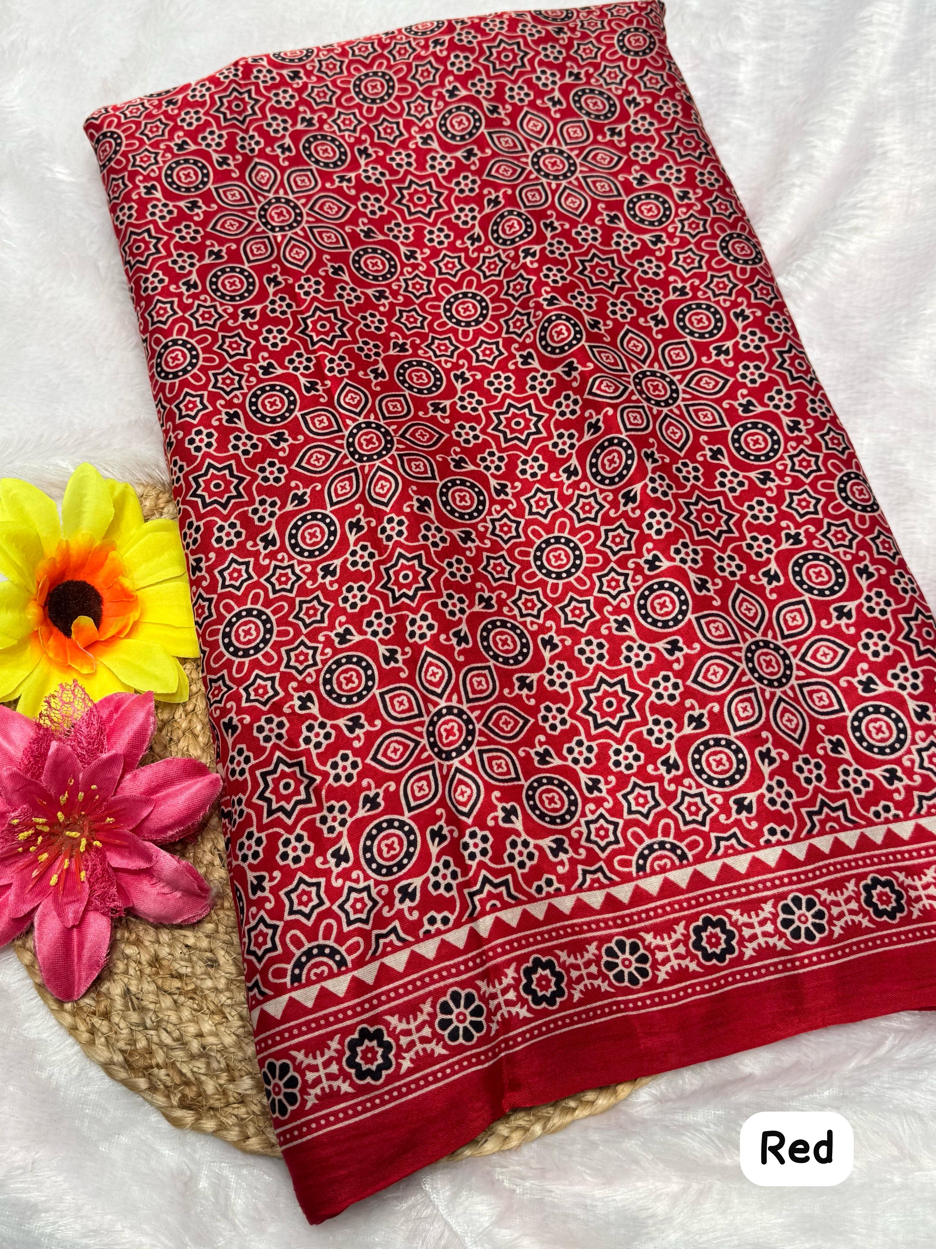 Red Ajrakh Hand Block Pure Modal Silk Saree With Lagdi Pallu