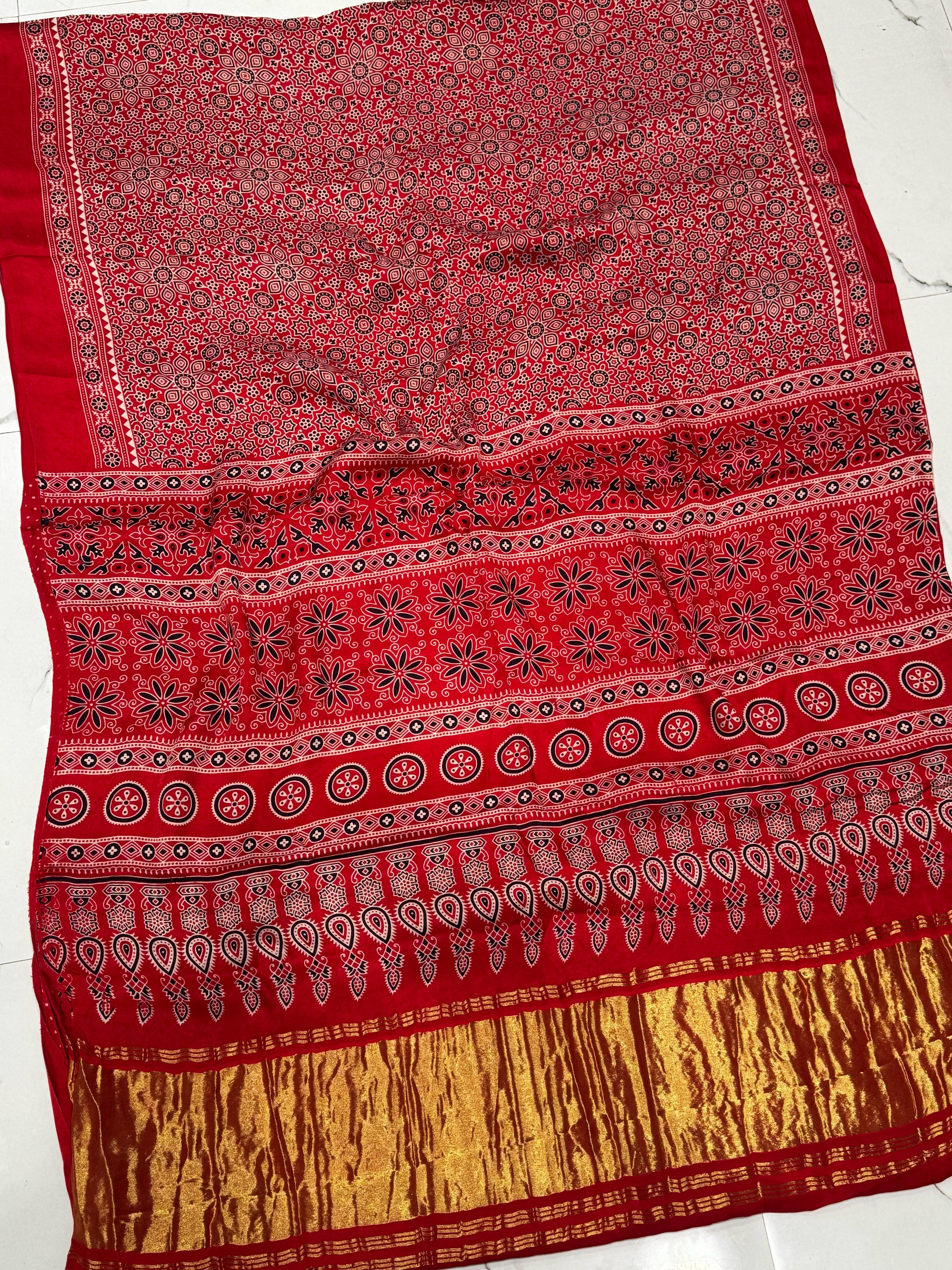 Red Ajrakh Hand Block Pure Modal Silk Saree With Lagdi Pallu
