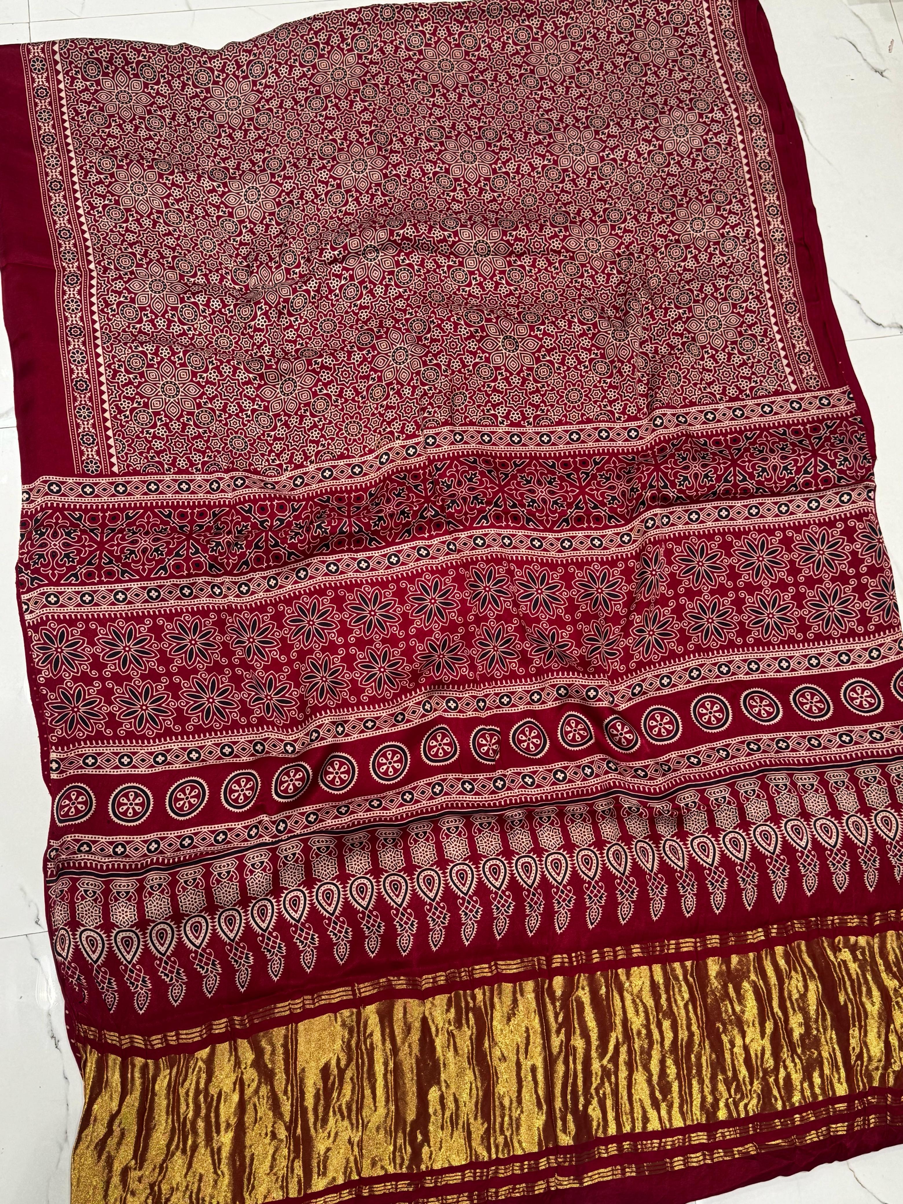 Maroon Ajrakh Hand Block Pure Modal Silk Saree With Lagdi Pallu