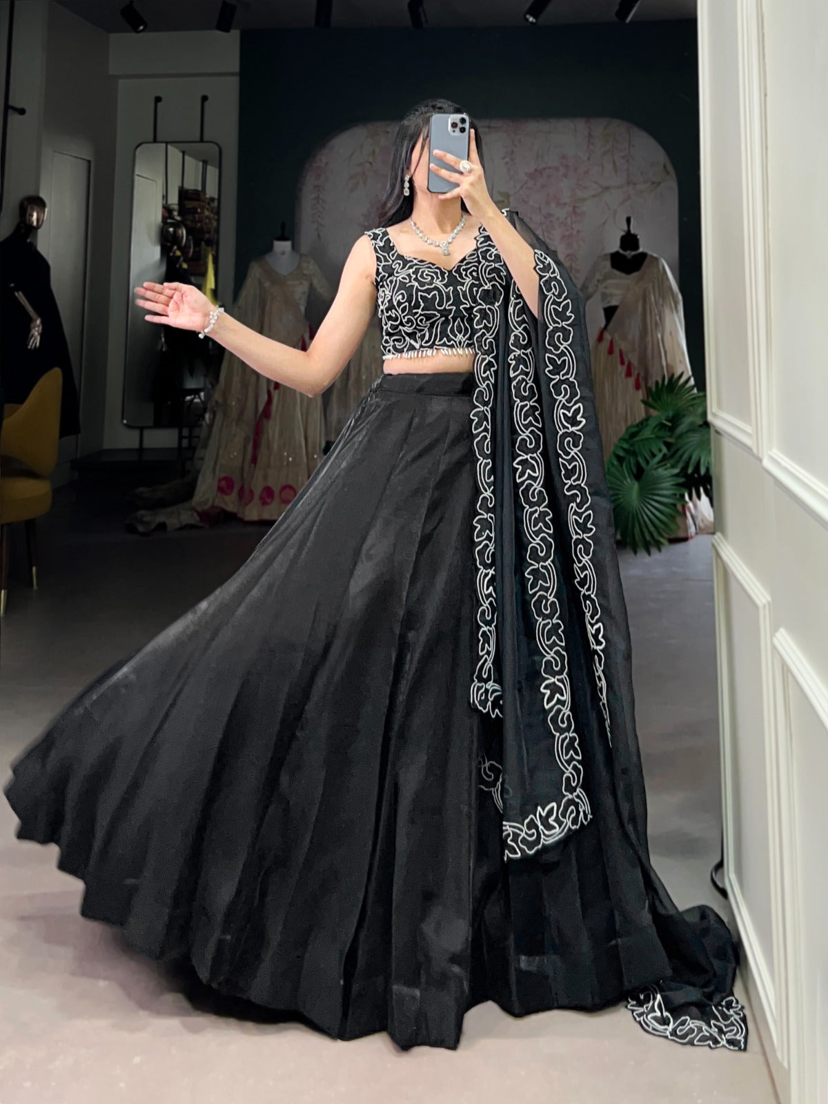 Black Star Satin Plain Lehenga Choli With Sequins Work Blouse