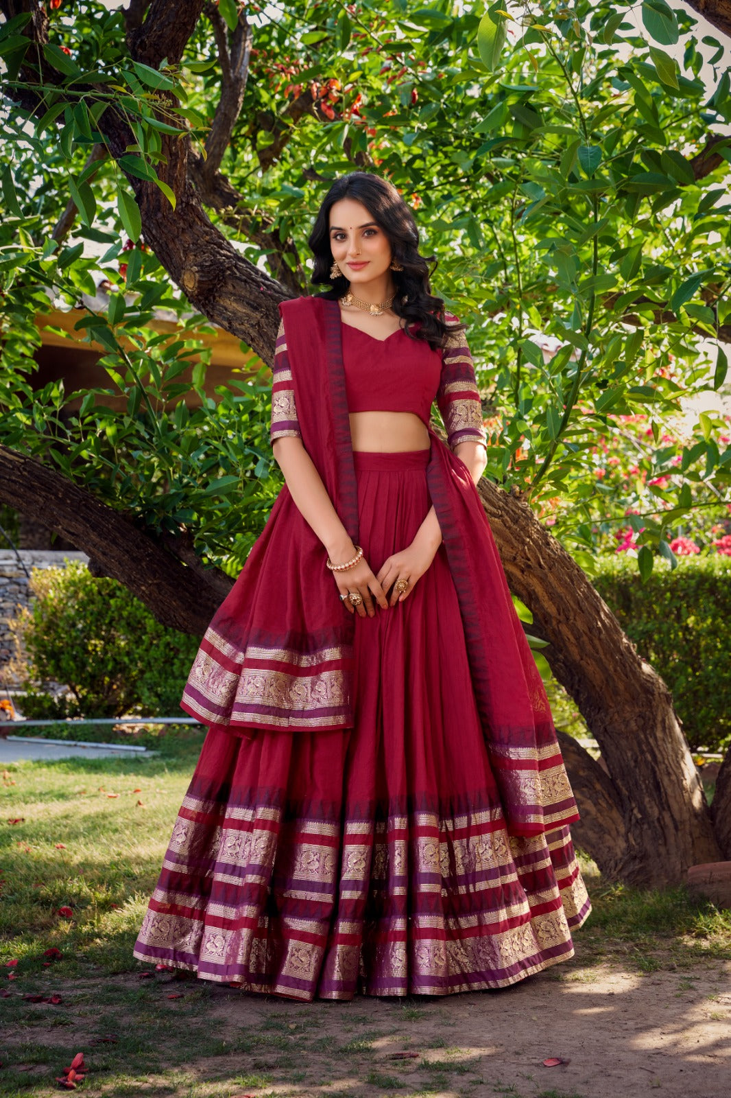 Maroon Pure Chanderi Plain With Zari Weaving Work Border Lehenga Choli
