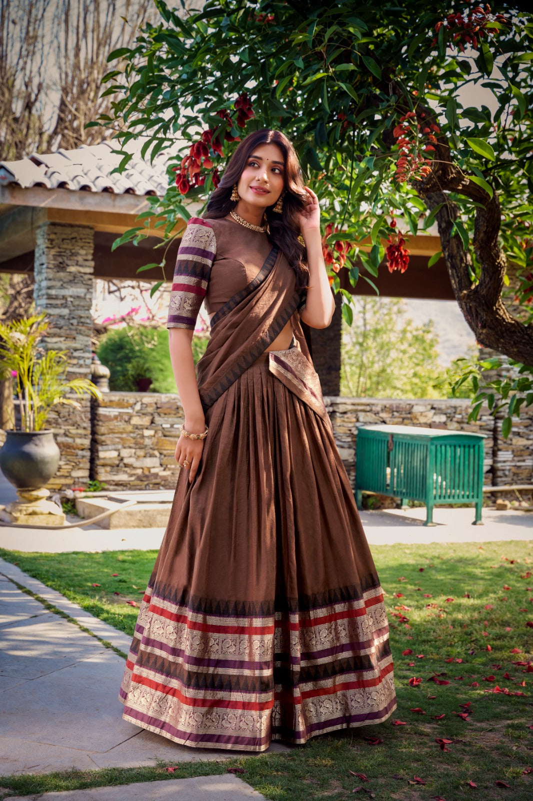 Brown Pure Chanderi Plain With Zari Weaving Work Border Lehenga Choli