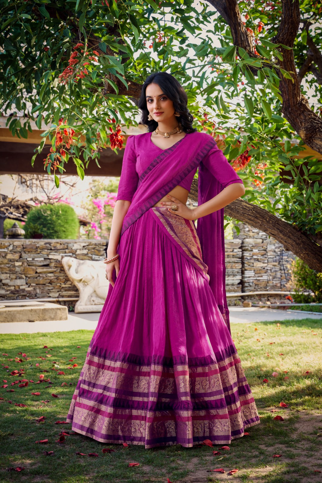 Purple Pure Chanderi Plain With Zari Weaving Work Border Lehenga Choli