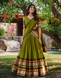 Mehndi Pure Chanderi Plain With Zari Weaving Work Border Lehenga Choli