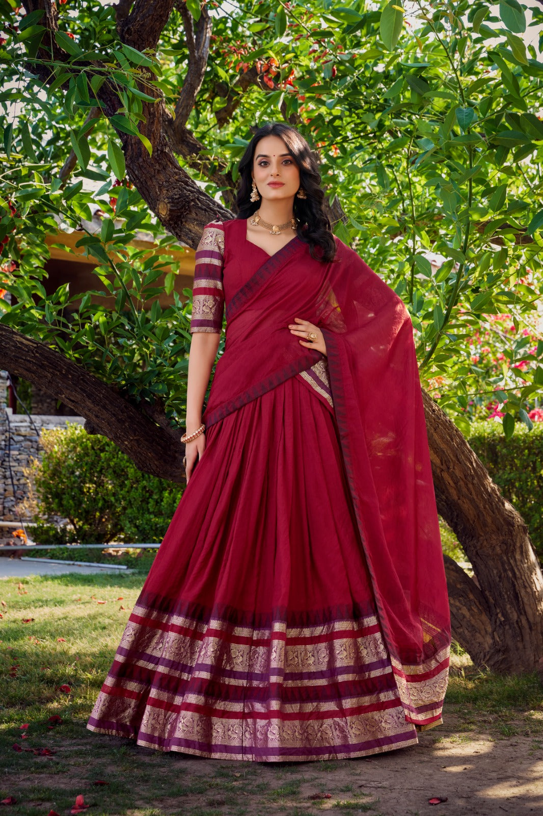Maroon Pure Chanderi Plain With Zari Weaving Work Border Lehenga Choli