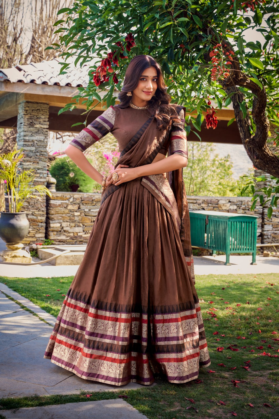 Brown Pure Chanderi Plain With Zari Weaving Work Border Lehenga Choli
