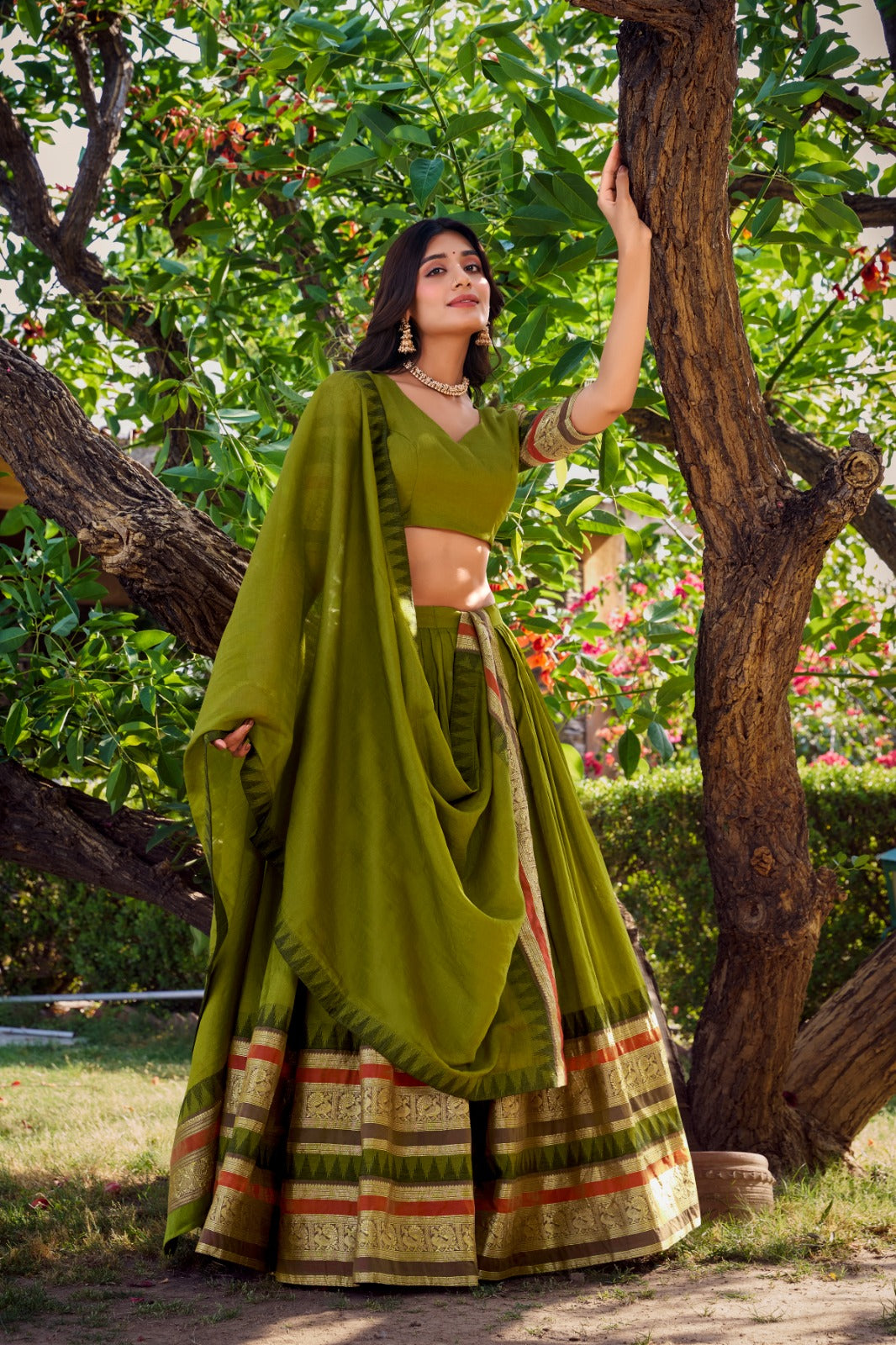 Mehndi Pure Chanderi Plain With Zari Weaving Work Border Lehenga Choli
