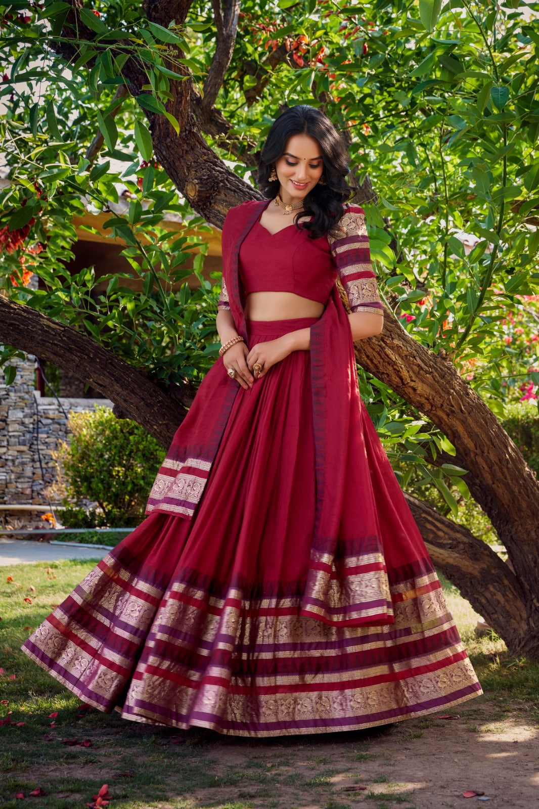 Maroon Pure Chanderi Plain With Zari Weaving Work Border Lehenga Choli